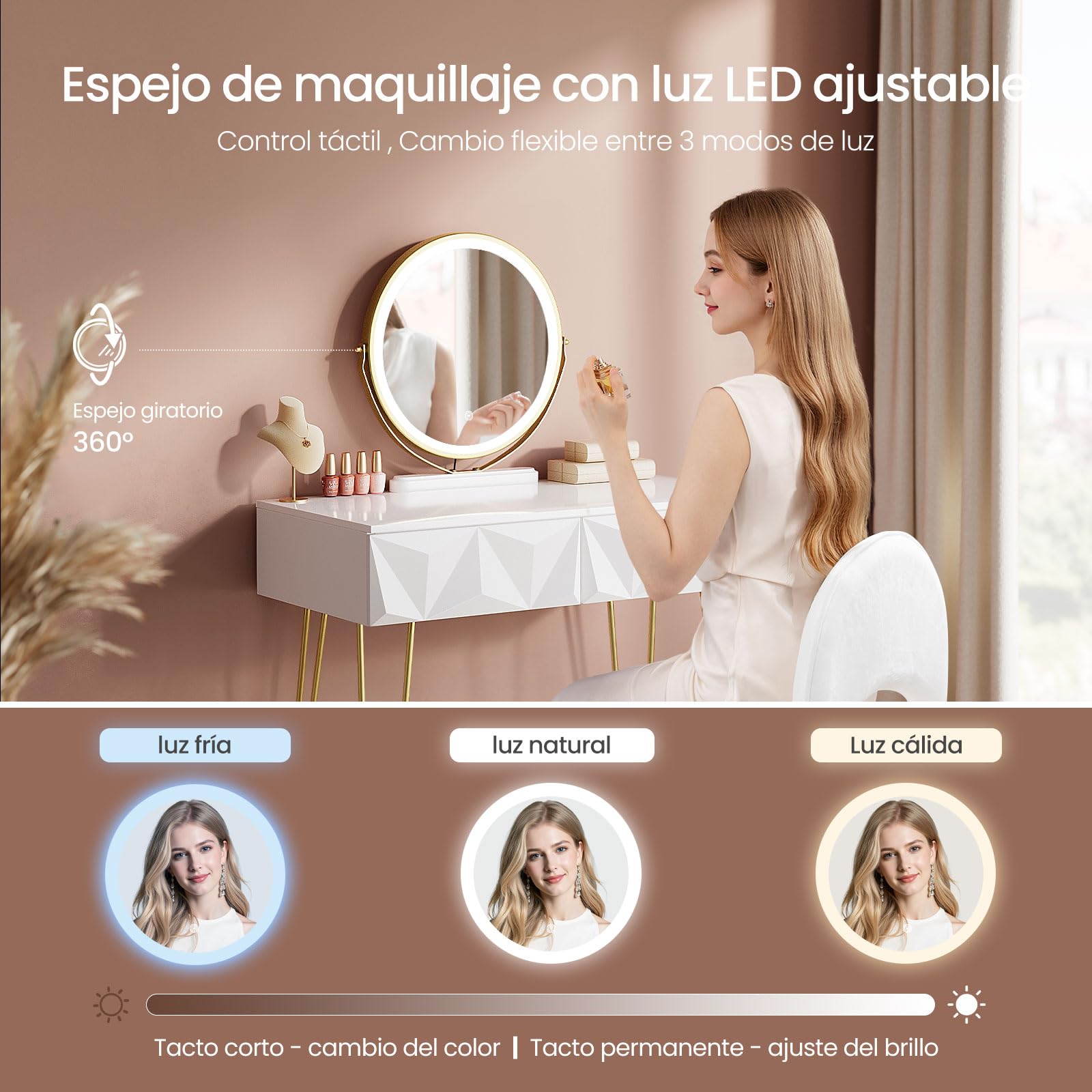 EUGAD Tocador de Maquillaje con Luz y Taburete, Conjunto de Tocador con Espejo con Silla Terciopelo, con 2 Cajones, Blanco + Dorado, 0056SZT