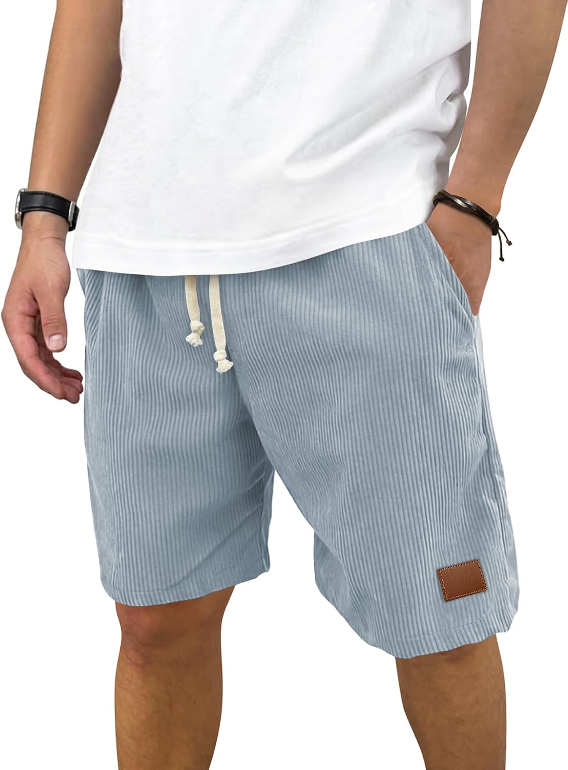Mens Corduroy Shorts Casual Elastic Waist Drawstring 2026 Summer Beach Lounge Short(Light Blue Large)