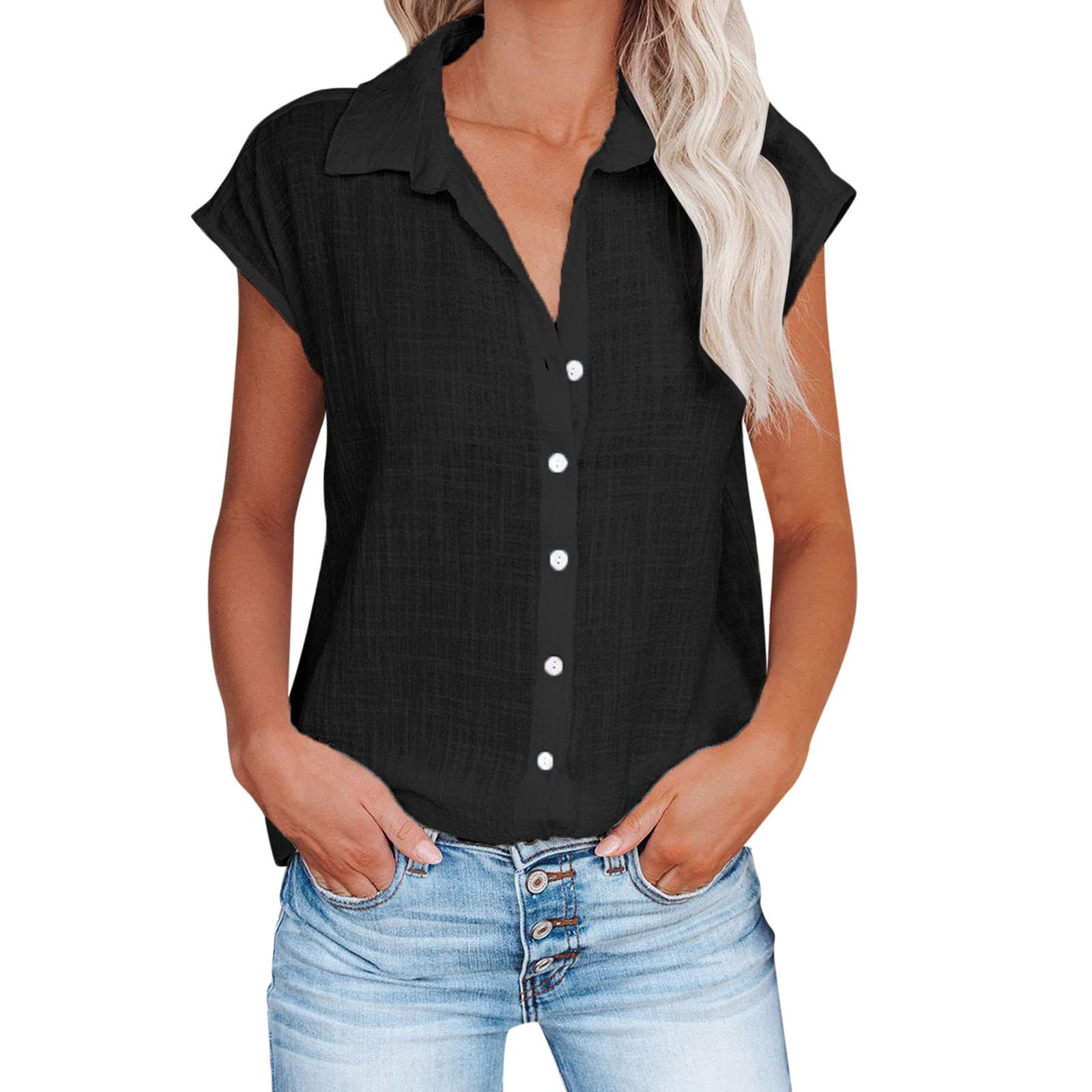 Leinenbluse Damen Bluse Sommer Kurzarm V-Ausschnitt Leinenhemd Button-Down Blusenshirt Elegant Revers Kragen Leinen Shirt Oberteil Leicht Einfarbig Hemdbluse