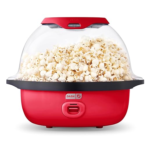DASH SmartStore™ Deluxe Stirring Popcorn Maker, Hot Oil Electric Popcorn Machine with Large Lid for Serving Bowl and Convenient Storage, 24 Cups – Red