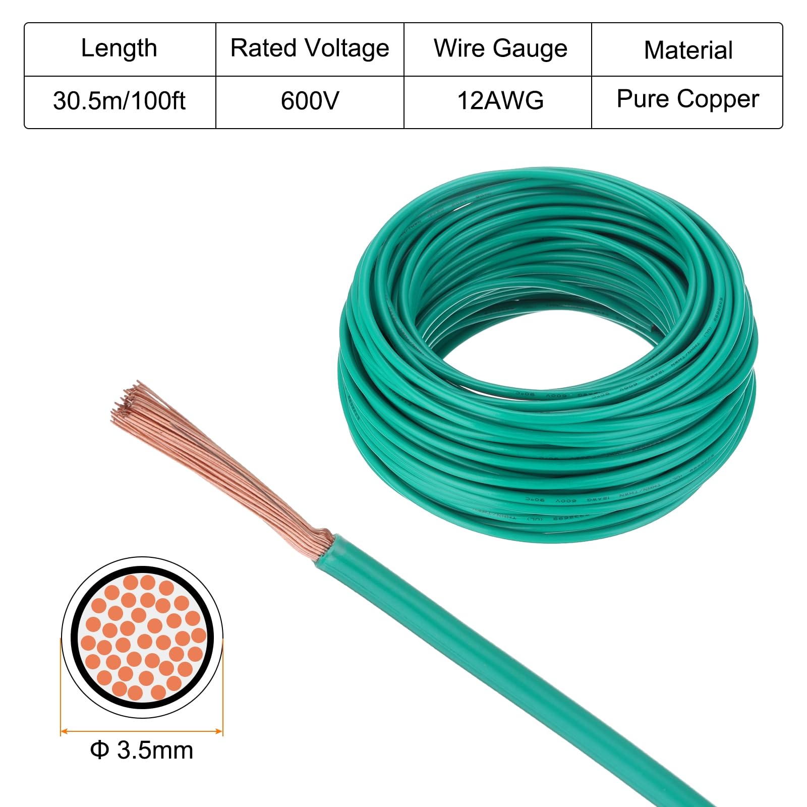 QUARKZMAN Cable Eléctrico Aislado Cobre Trenzado 12 AWG 100 Pies Cable Conexión THHN Cable Para Timbre Cableado Industrial Cableado Para Remolques Para 600 Voltios Listado UL Verde
