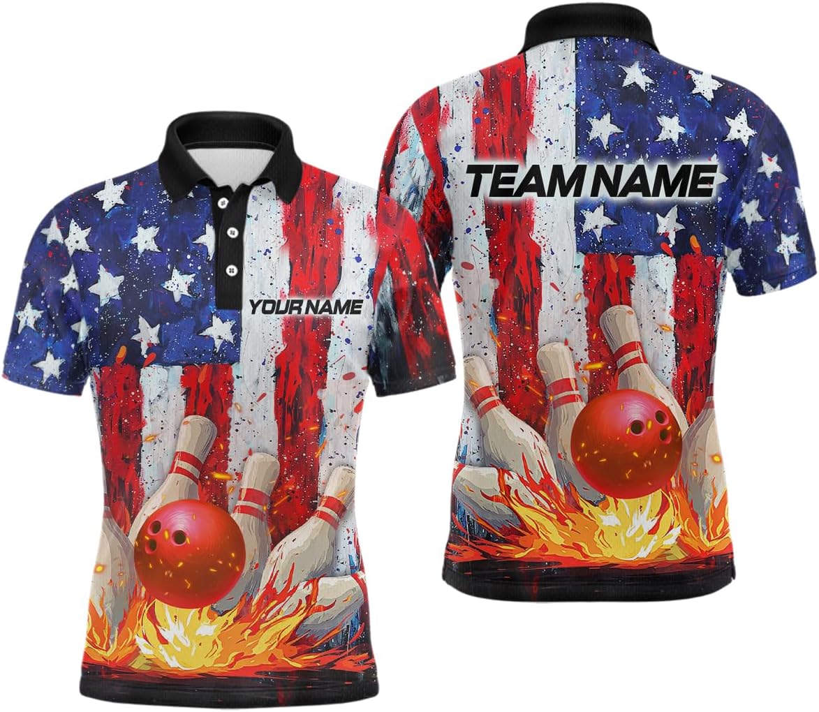 American Flag Fire Bowling Shirt Custom Fire Bowling Jersey for Men Women Patriotic Bowling Polo & 1/4 Zip Shirt for Bowlers