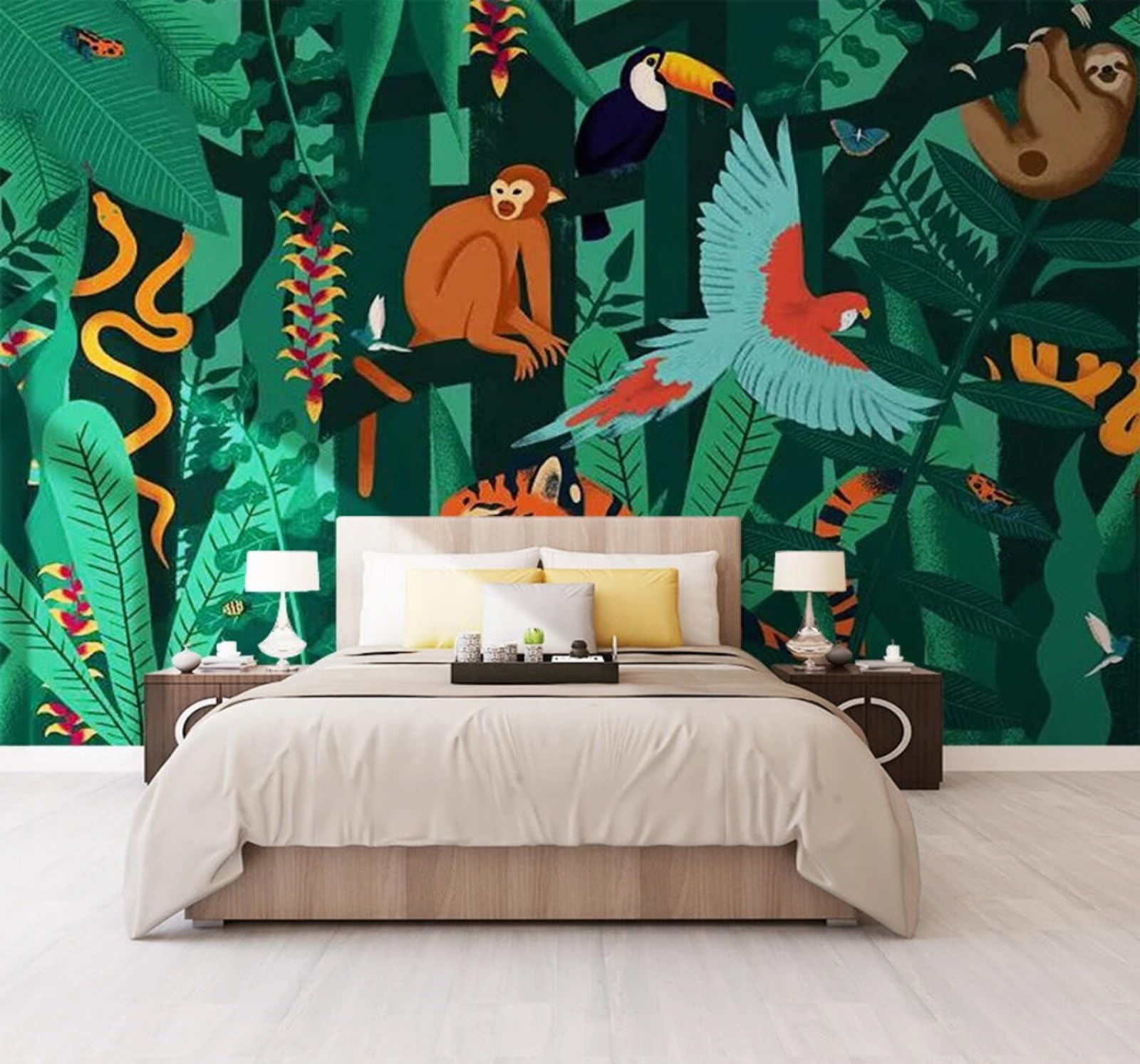 Wallpaper-3D-Xlm 400Cm×280Cm(B×H) Fresh Tropical Green Jungle Animals 3D Wallpaper Easy Install Feature Office Living Room Sofa Bedroom Tv Background Wall Decoration-400Cm×280Cm