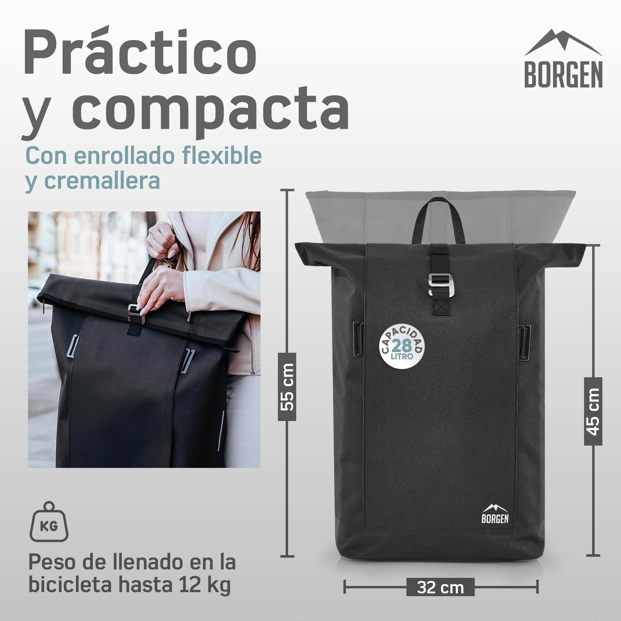 Borgen Bolsa Vida para portaequipajes con Bolsa extraíble para portátil – Utilizable como portaequipajes, para Bicicleta, Bandolera, de Uso Diario 28 litros