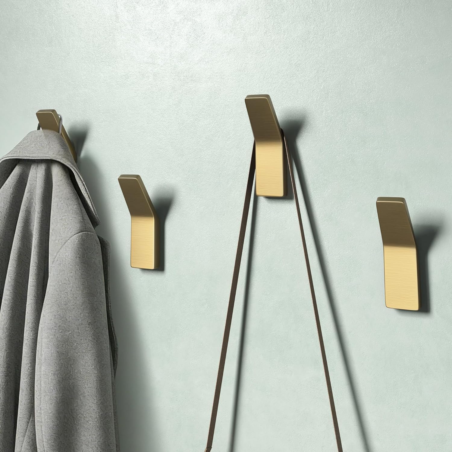 Mai & Mai Coat Hooks Wall Mounted – 4 Pack Wall Hooks for Hanging, Drill or Adhesive Installation, Modern Door Hooks for Bedroom, Bathroom, Closet & Living Room Stalo-13, Brushed Gold