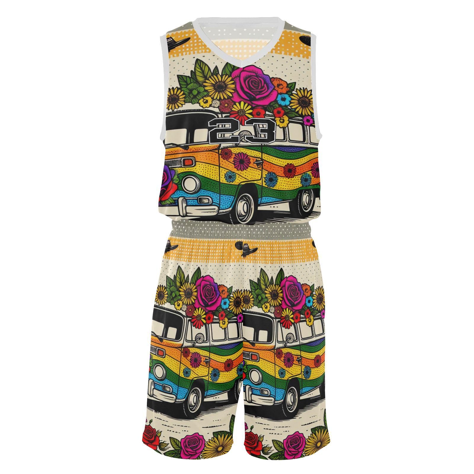FLildon Western Desert Floral Bus Boys Basketball Jersey Set Tank Top Shorts Tracksuit Sport Training Suit for Kids, XL