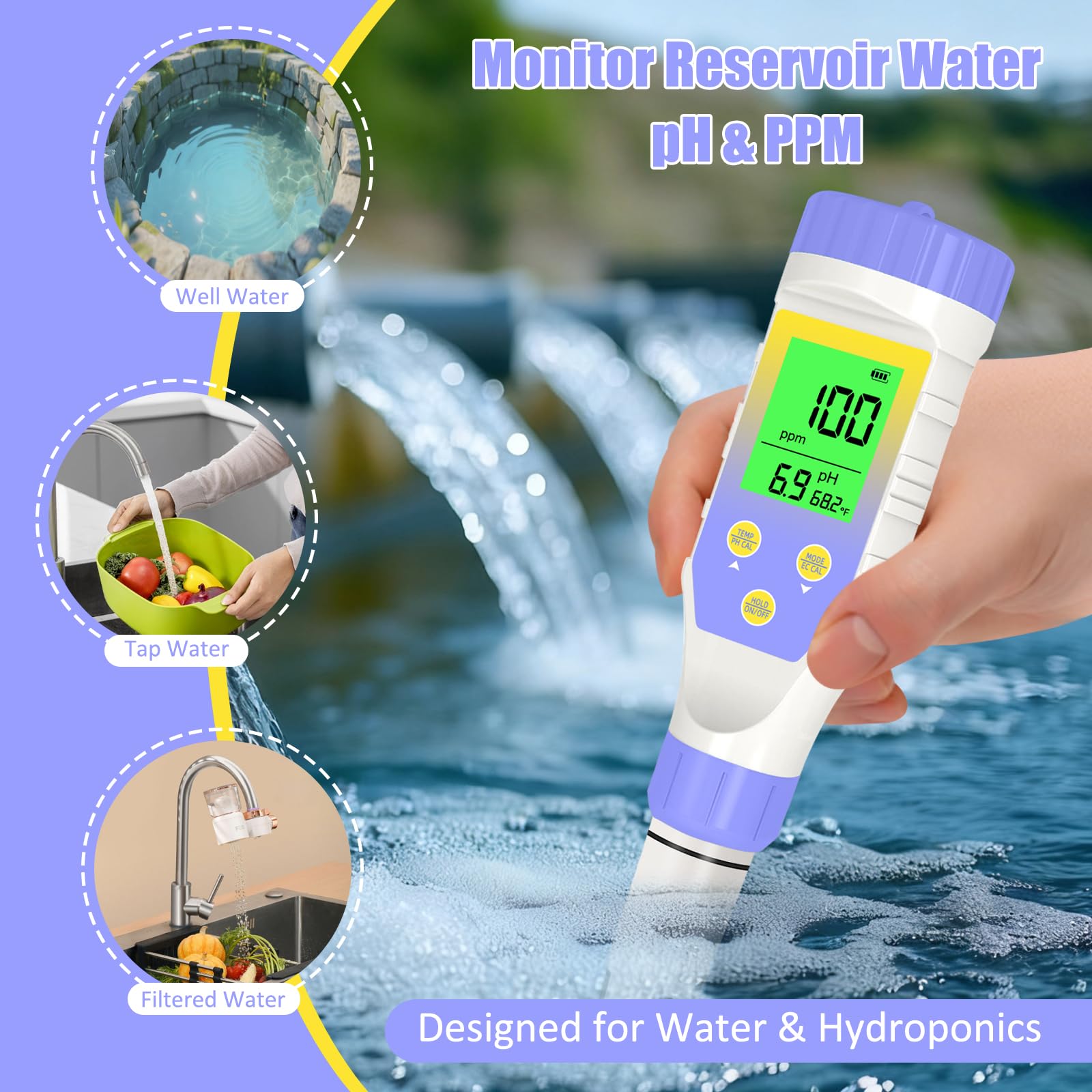 Medidor de pH y TDS, probador digital de pH para agua, 5 en 1 pH/TDS/EC/salinidad/temperatura, probador de agua para beber en el hogar, piscina y acuario, con resolución 0.01