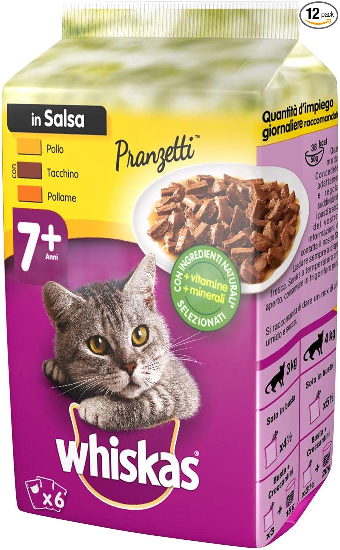title=Whiskas Pranzetti in Salsa 7+ Anni (Senior) 6 x 50 g, Cibo per Gatto con Pollo,