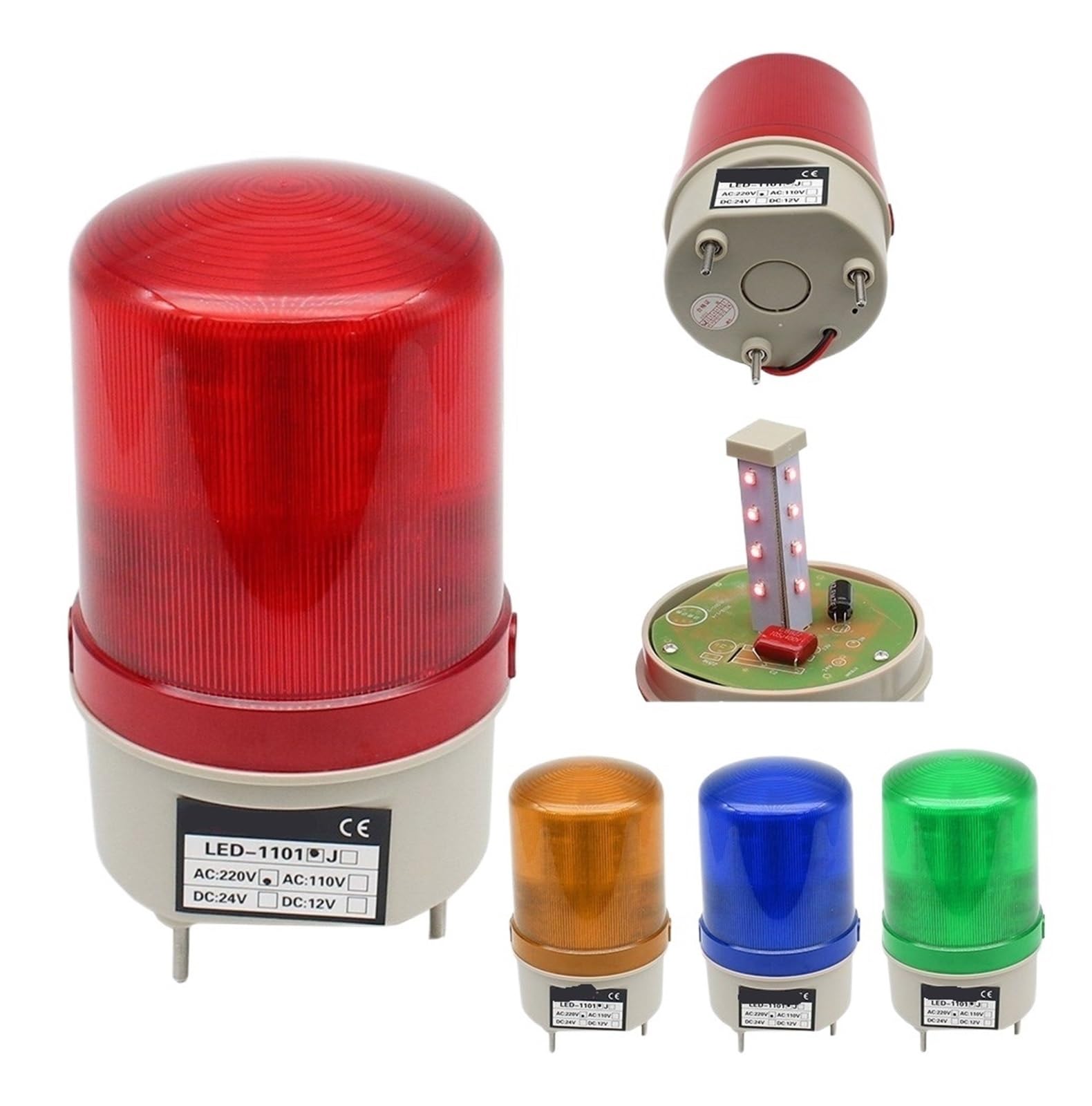 1 szt. LED-1101 z obrotowym głosem LED stroboskopowym światło ostrzegawcze syrena żółta niebieska czerwona zielona LED światło ostrzegawcze 12 V 24 V 110 V 220 V (kolor: czerwony, rozmiar: 12 V_with