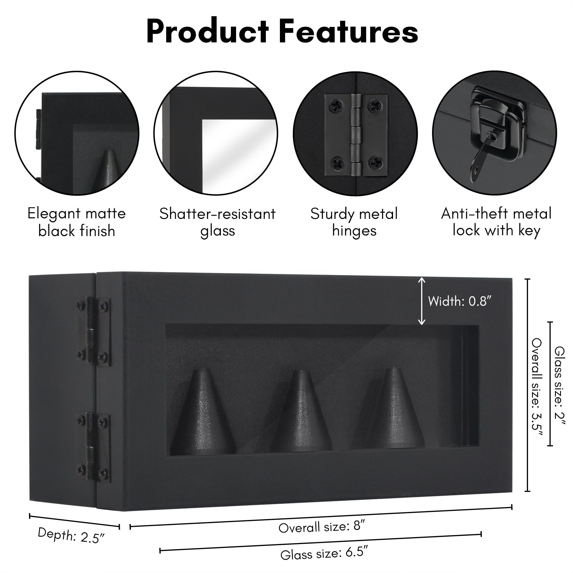 Americanflat 3.5x8 Championship Ring Display Case with Lock and Key - Hold 3 Rings - Black Ring Case for Jewelry Display with Shatter-Resistant Glass - Freestanding or Wall-Mounted Displays for Rings