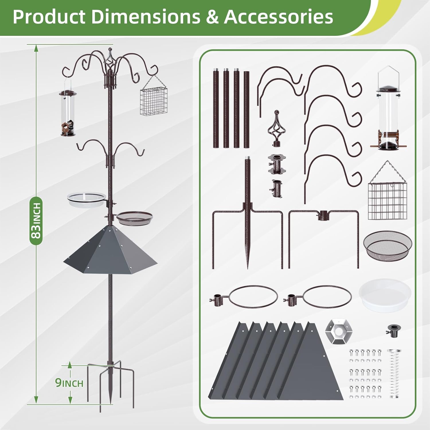 83" Bird Feeding Station Kit with Metal Squirrel Baffle, Heavy Duty Metal Bird Feeding Station with Seed Tray＆Mesh Basket, Easy Assembly Ground Mounted Bird Feeder Pole for Garden Yard Outdoor