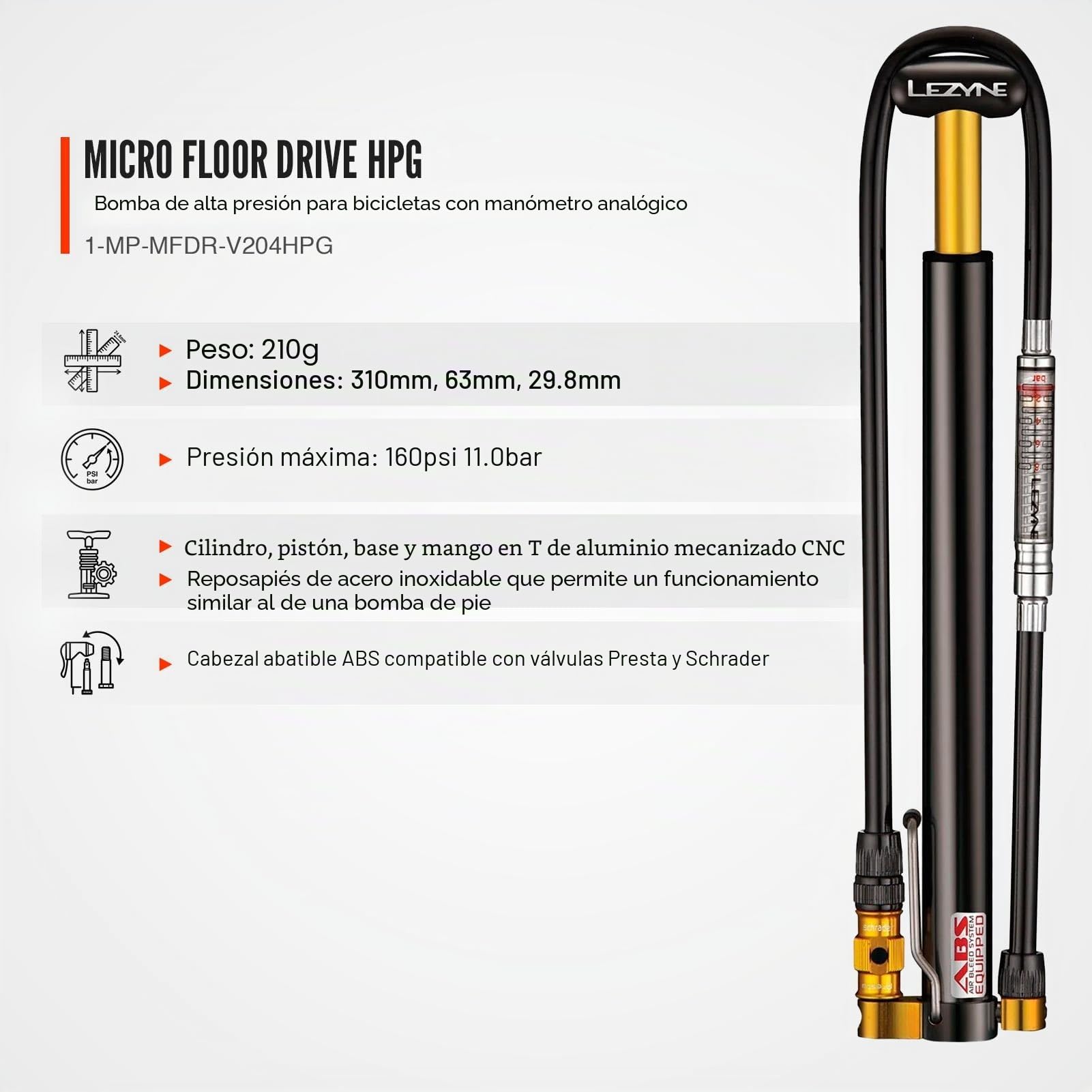 Lezyne Bomba de suelo HPG Micro Floor Drive 160 psi/11 bar