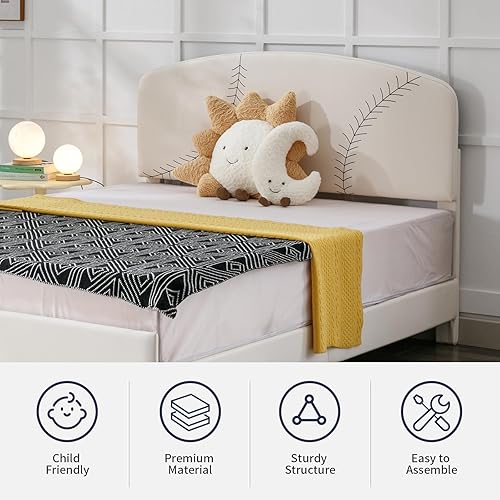 Miniatura 4 de Zafly - Marco de cama infantil de tamaño matrimonial, plataforma tapizada de piel sintética con cabecero, marco de cama para niños, marco de cama