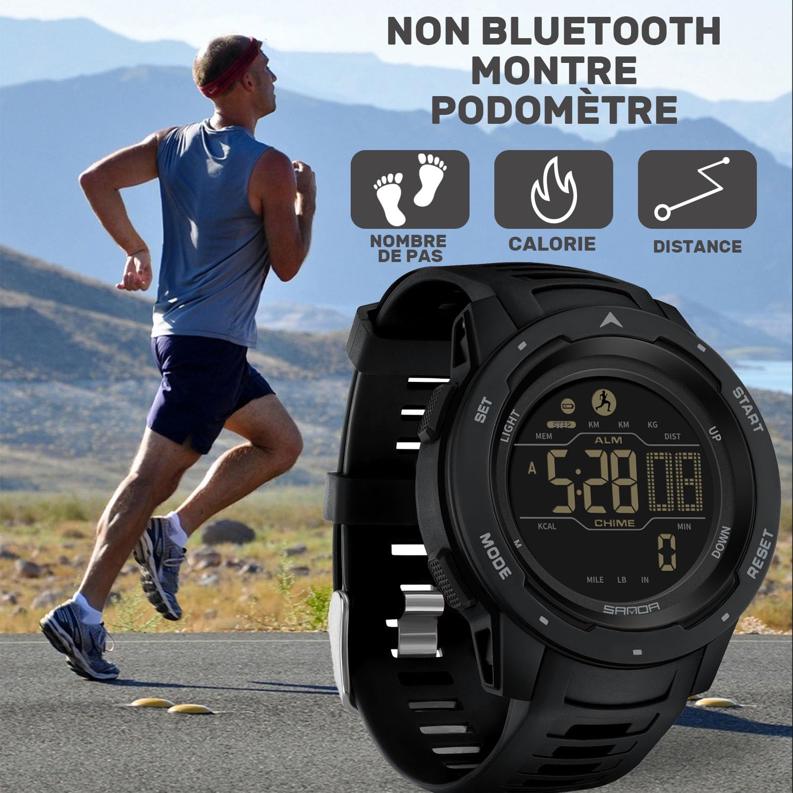 findtime Sportuhr, digital, militärisch, wasserdicht, 50 m, mit Stoppuhr, Alarm, Countdown, doppelte Zeit, Schwarz , Riemen