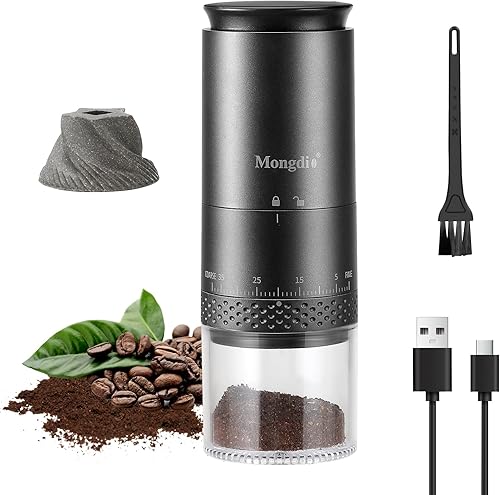 Mongdio Molinillo de café eléctrico portátil con 38 ajustes ajustables, molinillo de café cónico con pantalla LED, carga USB, núcleo de cerámica,