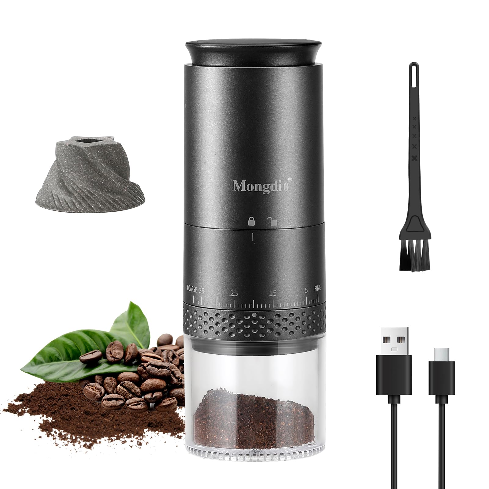 Mongdio Portable Electric Burr Coffee Grinder with 38 Adjustable Settings, Conical Burr Coffee Grinder with LED Display, USB charging, ceramic core, for Home, Space Black
