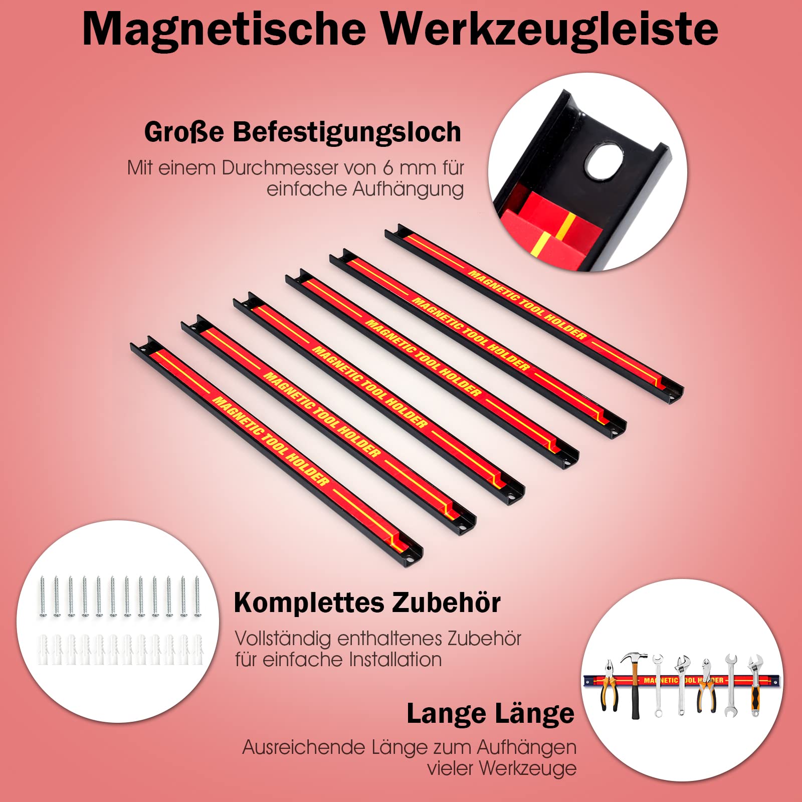 GYMAX Magnetschiene Werkzeug Set 46 cm 10 kg belastbar Magnethalter Werkzeug Organizer Wand Rot