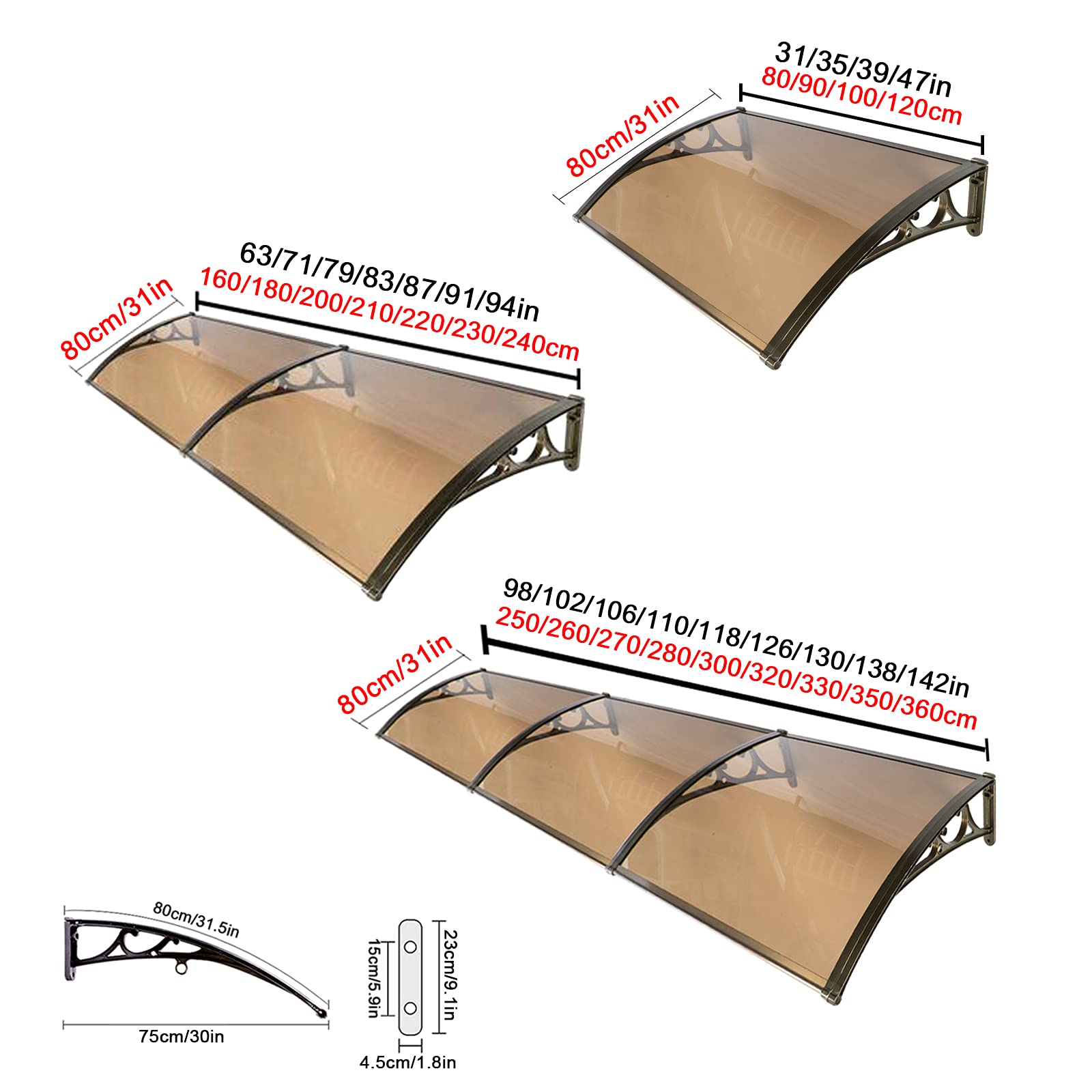 Auvent de Porte de fenêtre incurvé Silencieux avec Protection UV, Supports en Alliage d'aluminium, résistant à l'eau et aux Chocs, Couverture extérieure en Polycarbonate Marron (80 x 270 cm)