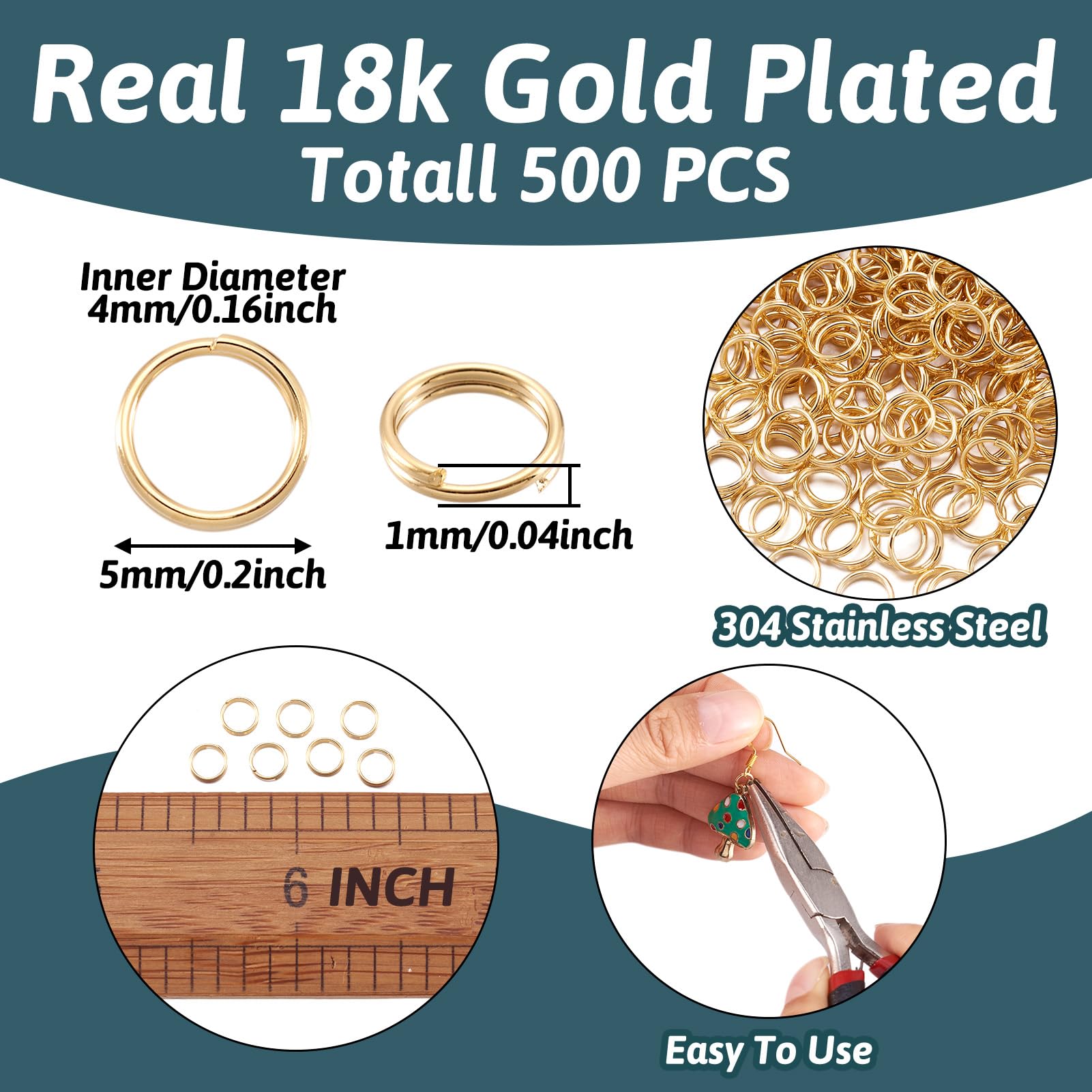 Craftdady 500Pcs Gold Round Split Rings 5mm Stainless Steel Tiny Double Loop Jump Ring Connectors for Key Chain Charm Jewelry Making