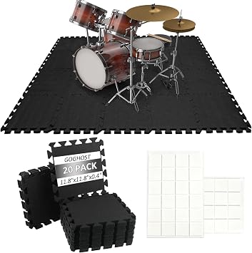 20 PCS Sound Absorbing Interlocking Floor Mats Pads 11.8 x 11.8 x 0.4 Inches, Non-Slip Anti Vibration Sound Proof Puzzle Felt Padding, Drum Rug Soundproof Electrical Pads for Drummers, Black