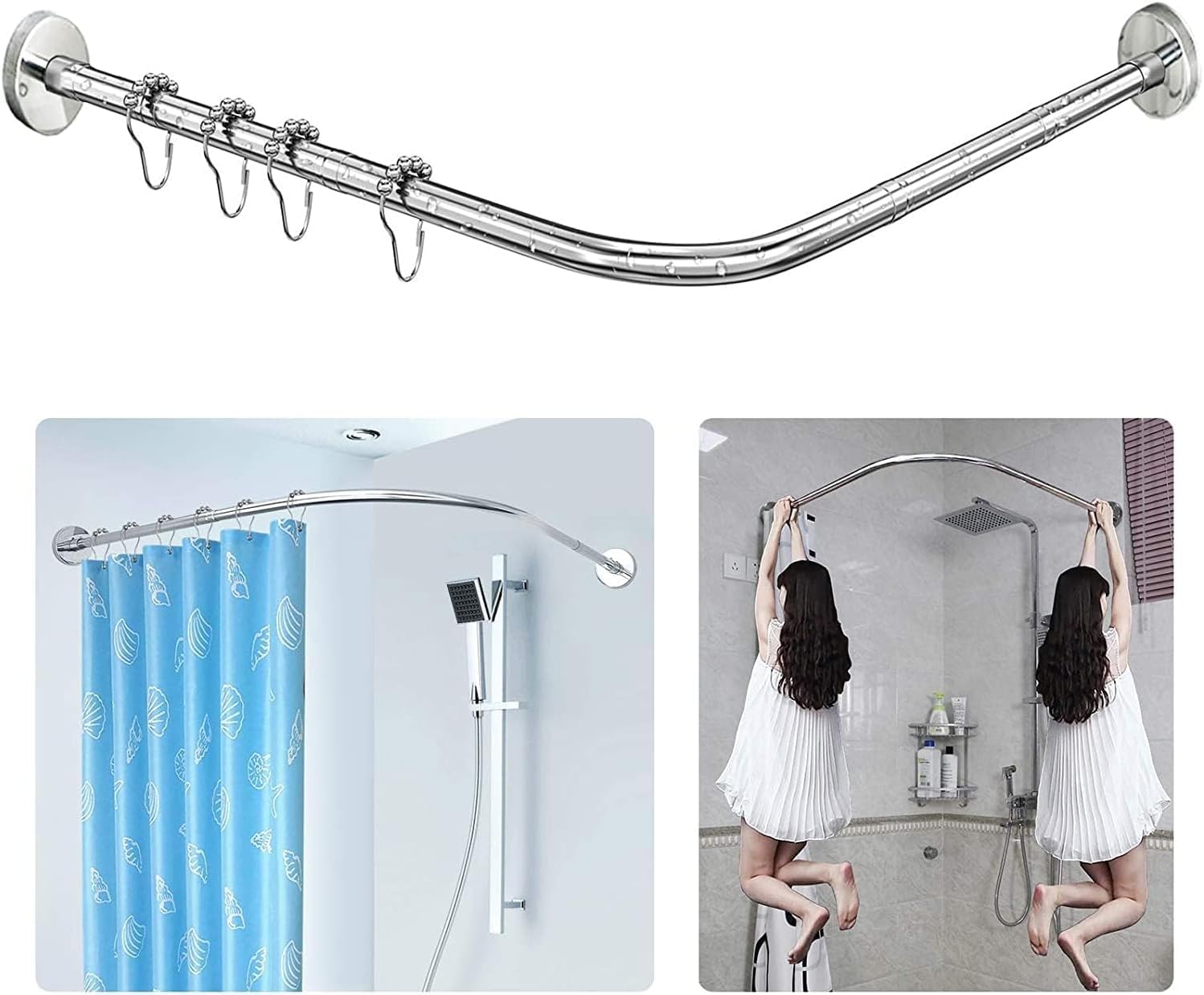 Shower Curtain Rail/Rod, 4 way use, L or U Shape With Ceiling Mount and ...