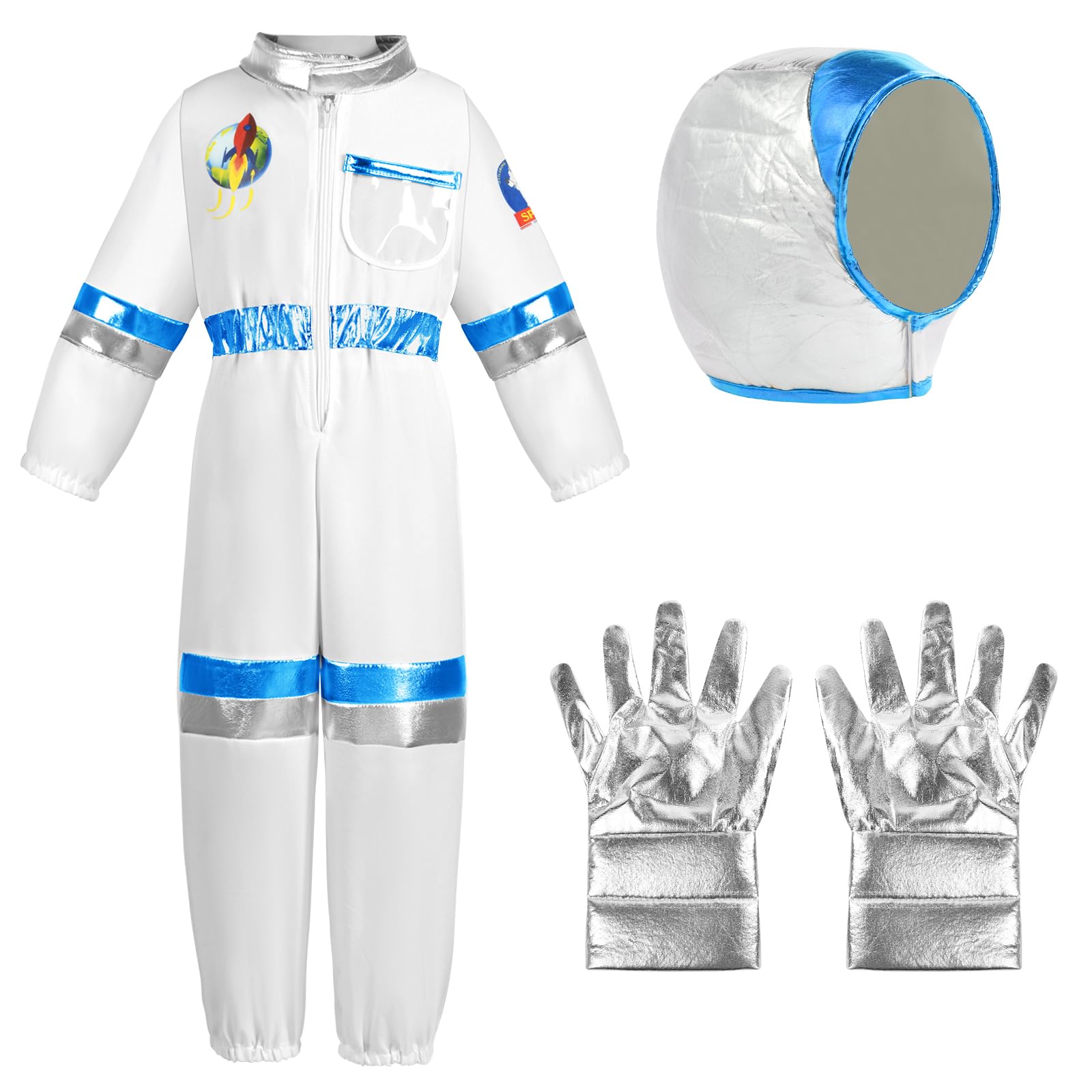 Aomig Kids Astronaut Costume, Unisex Astronaut Costume Cosplay Toys, Space Adventure Outfit with Helmet Bag and Gloves, Spaceman Jumpsuit Fancy Dress for Girls or Boys World Book Day Gift(Blue-XL)