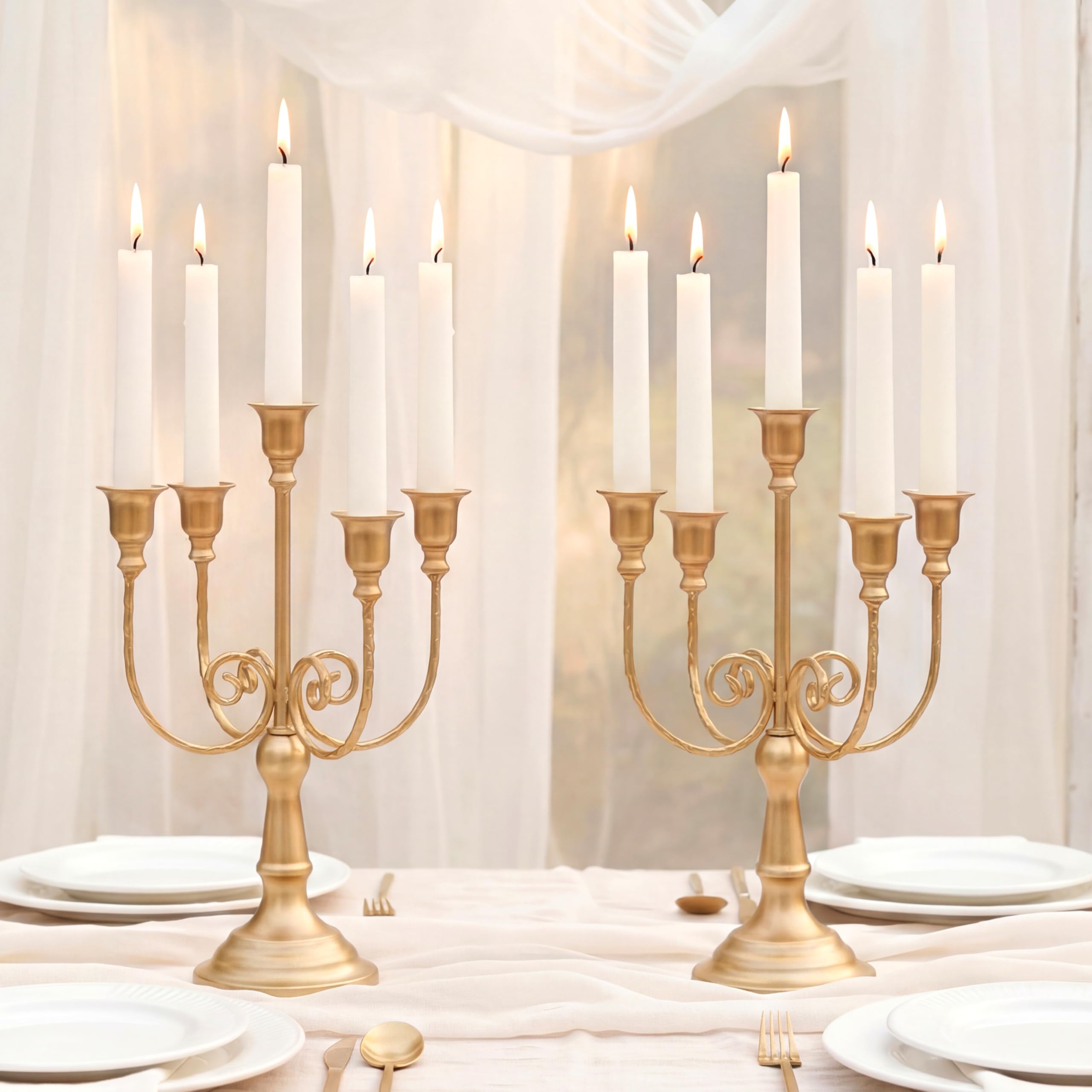 Nuptio Gold Kandelaber Kerzenhalter Kerzenleuchter - Satz von 2 Metall Kerzenständer Mittelstück 5-Kerzen Kerze Stick Steht Kamin Hochzeit Empfang Antike Dekorative Esstisch Weihnachten