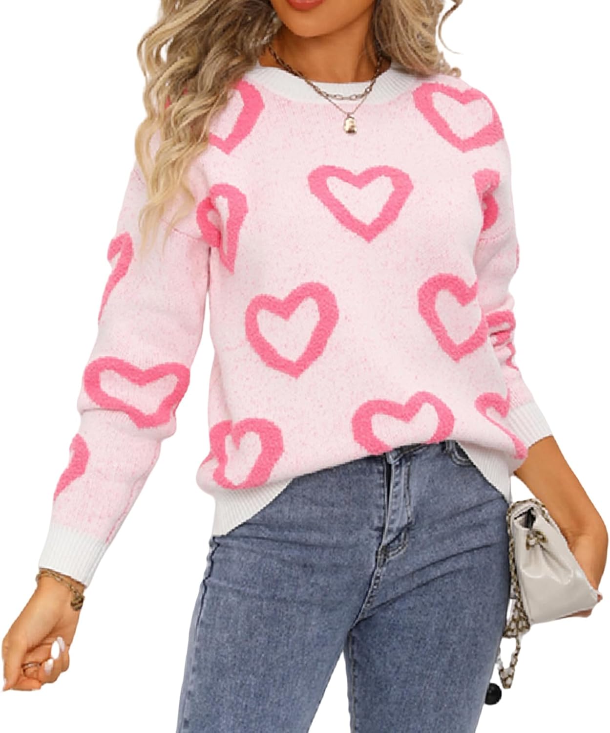Heart Sweater for Women Valentines Cute Print Crewneck Long Sleeve Oversized Love Sweaters Knit Pullover Tops - Image 2