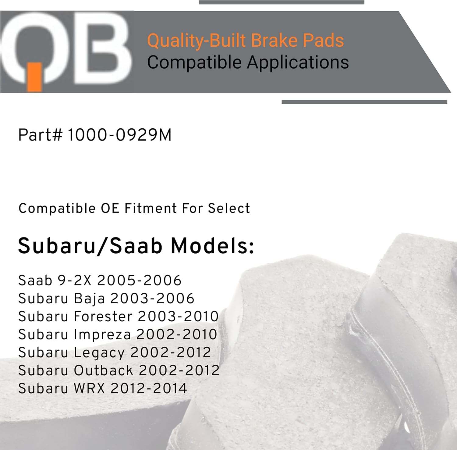 QUALITY-BUILT Front Semi-Metallic Brake Pads, QB 1000-0929M, Compatible with 2002-2014 Saab/Subaru (9-2X,Baja,Forester,Impreza,Legacy,Outback,WRX)