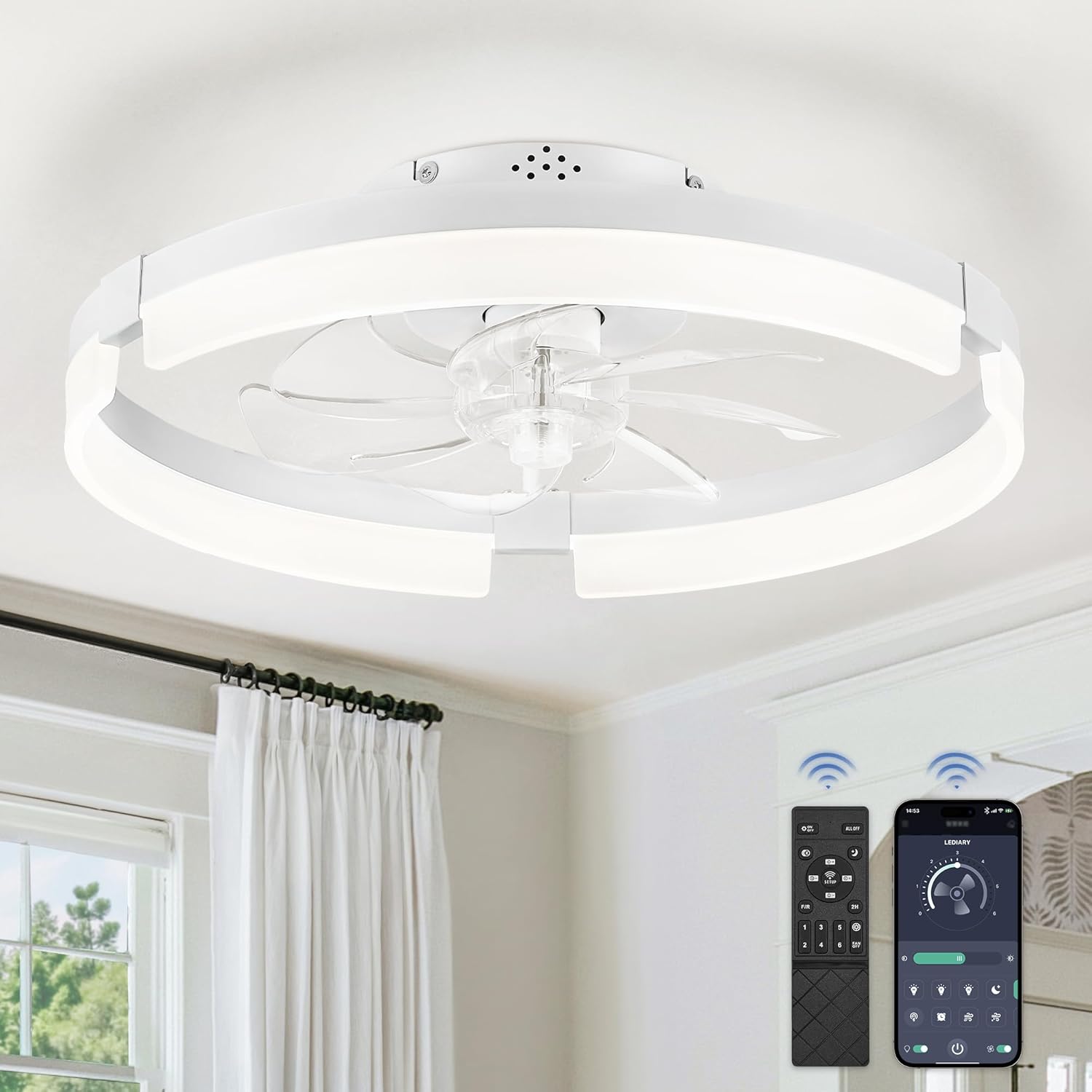 LEDIARY Ceiling Fans with Lights and Remote, 19.7 Inch Low Profile Ceiling Fan, 6 Speeds, Reversible, Dimmable Flush Mount Fan Light,Modern & Bladeless Ceiling Fan with Light for Bedroom, White