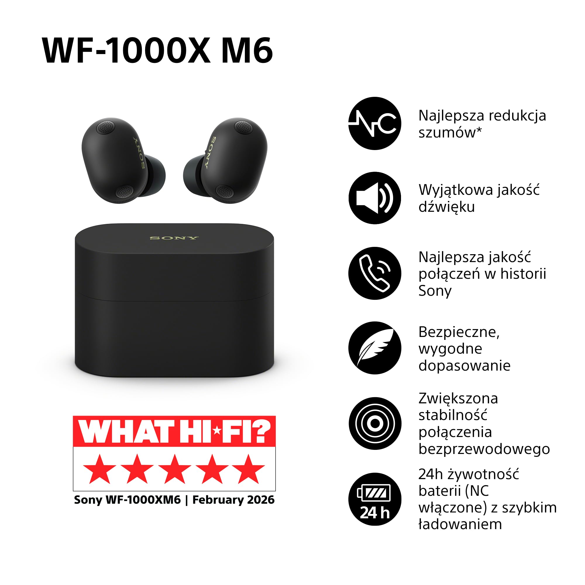 Sony WF-1000XM6 Flagowe bezprzewodowe słuchawki douszne z redukcją szumów, Bluetooth, Hi-Res, krystalicznie czyste rozmowy, 10-pasmowy EQ, do 24 godz. baterii, IPX4, iOS i Android – Czarne