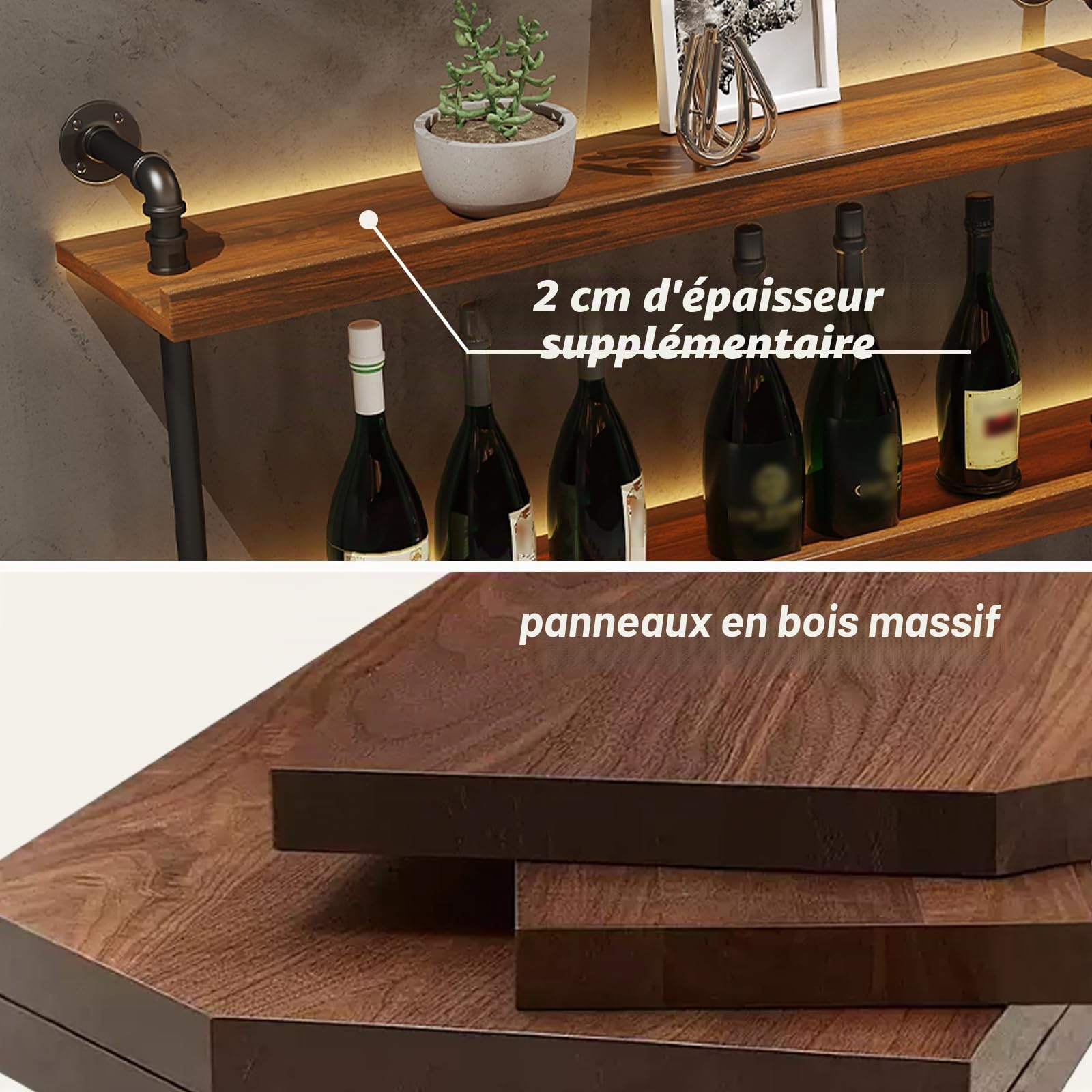 Casier à Vin Mural en Bois Massif, Porte-Bouteilles Muraux Industriels avec Lumière LED, Étagère à vin Murale vec Porte-Verre pour Cuisine Bar Salle (100 cm)