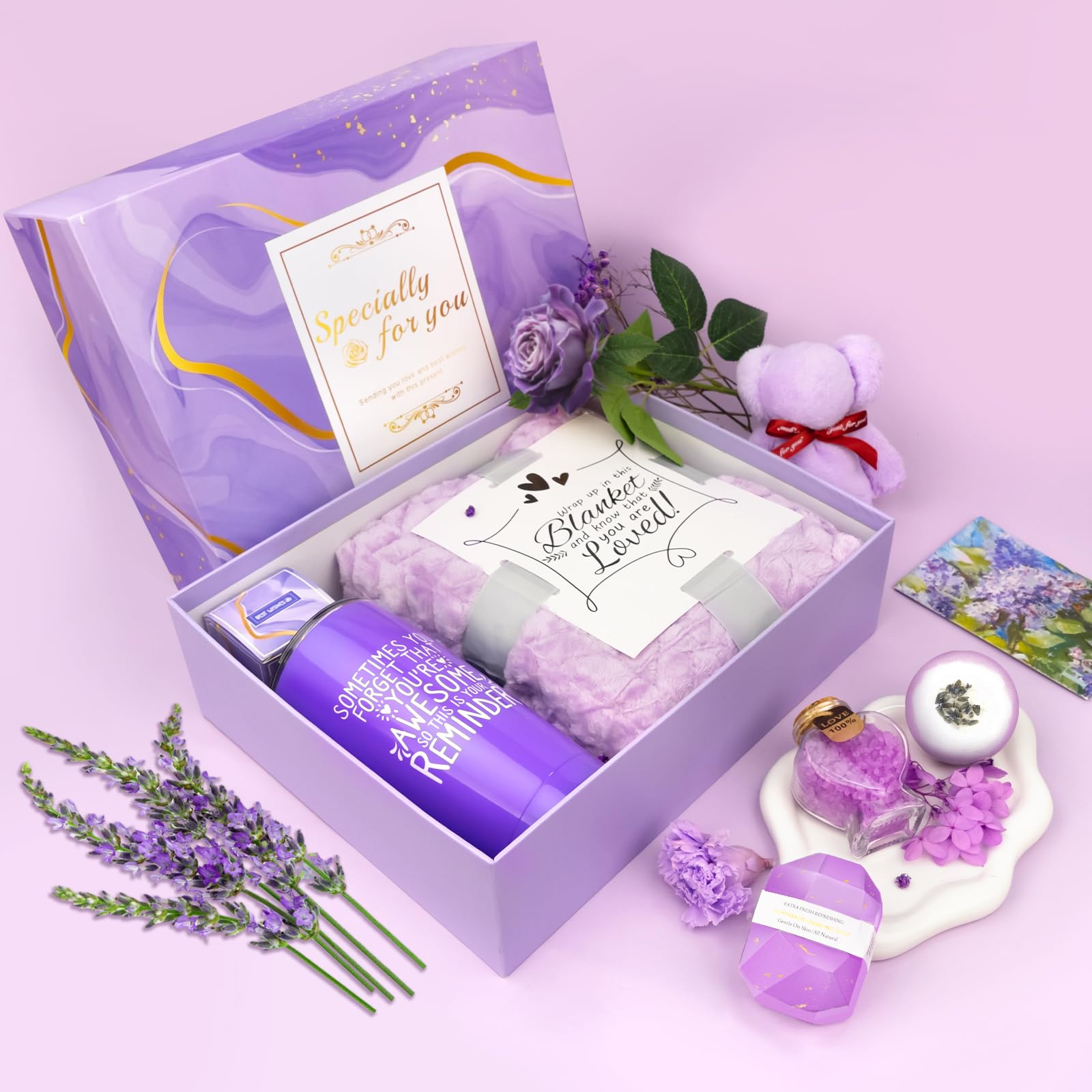Cestino da spa da donna, cesto regalo alla lavanda, confezione da 16 pezzi per la cura di sé per donne, mamma, moglie, fidanzata, sorella, set unico per la guarigione per compleanno, festa della mamma