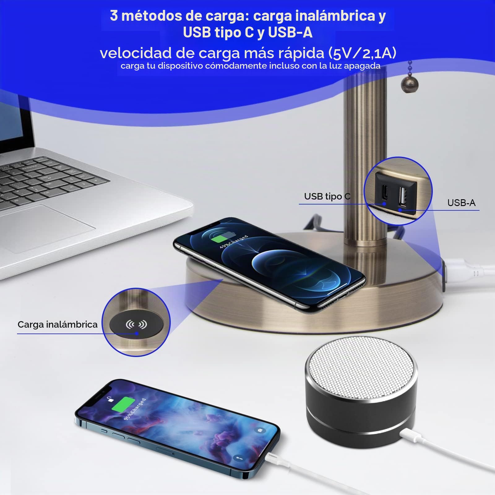 FIRVRE Azul Lámpara de Escritorio de Vidrio E27 Lámpara de Mesa Clásica con Puerto USB de Carga Inalámbrica Interruptor de Cadena de Latón Vintage Lámpara de Mesilla de Noche para el Hogar Oficina
