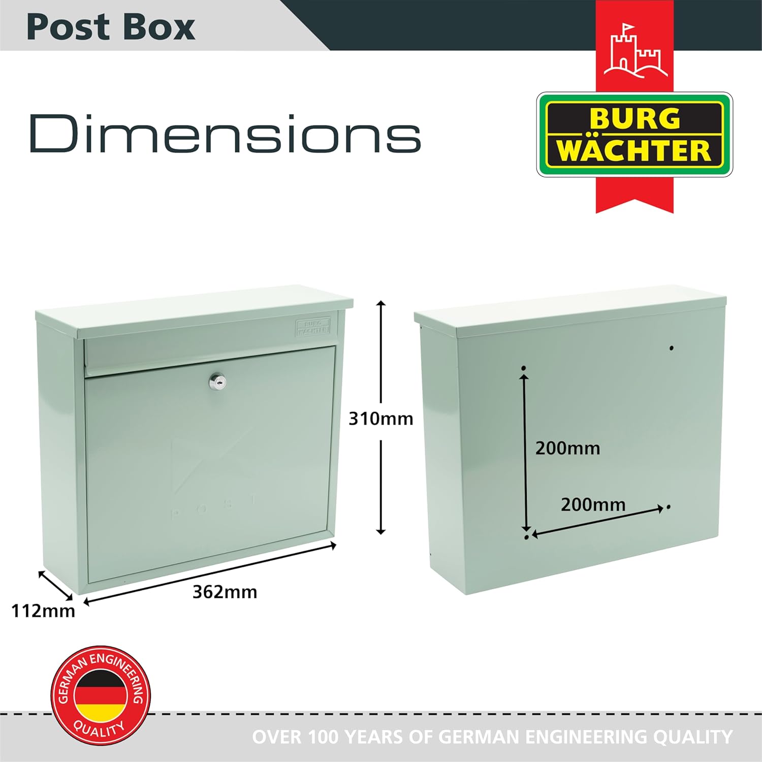 Burg-Wachter MB02CG Chartwell Green Elegance Wall Mounted Galvanised Steel Lockable Weatherproof Post Box - 36x31x10cm
