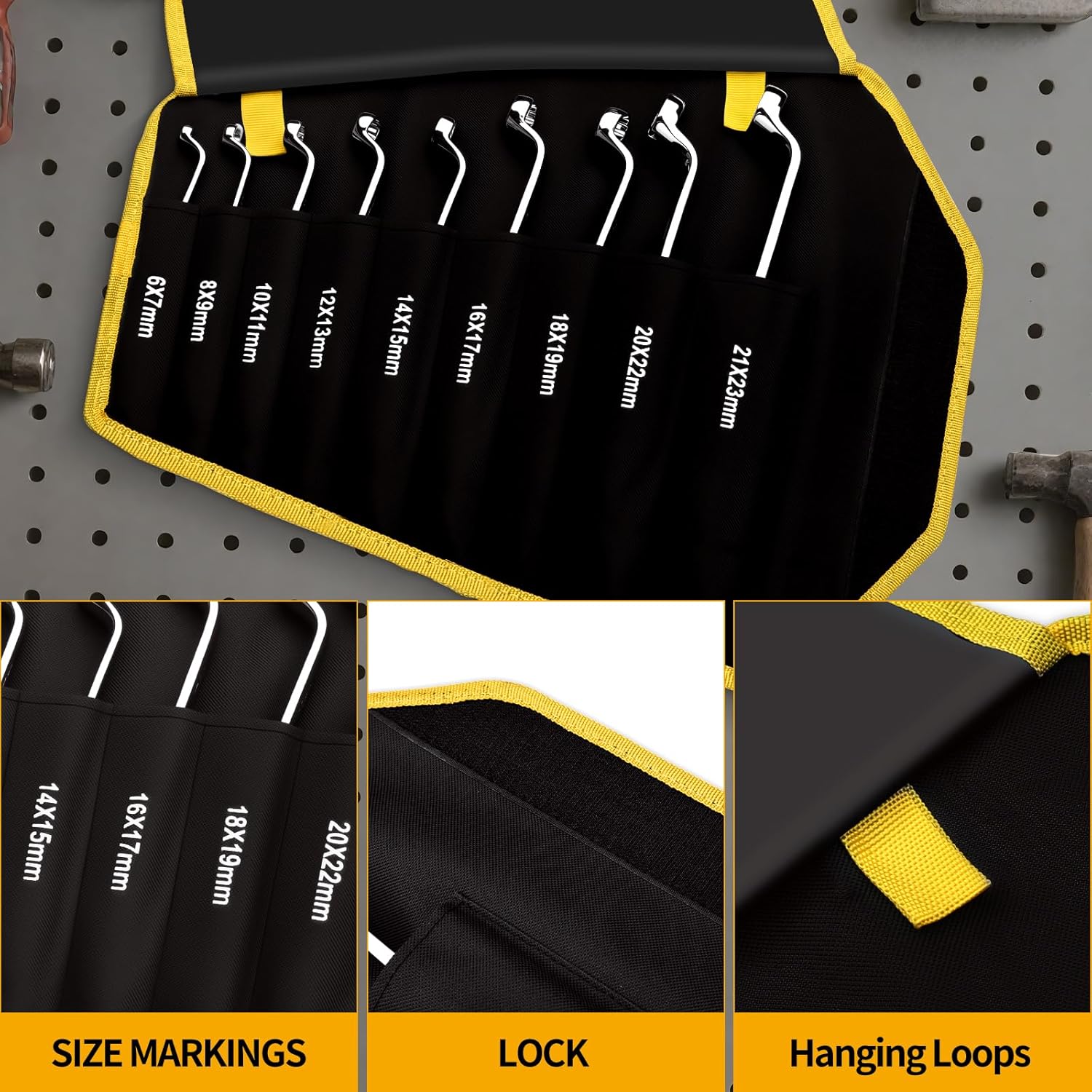 Wrench Set, Offset Wrench Set Metric and Standard, 10PC 6-23mm 75-Degree Large Wrench Kit Tool With Roll Up Pouch With 1 Gauge, Extra Long Big Double Box End Wrenches Sets with 6 Point