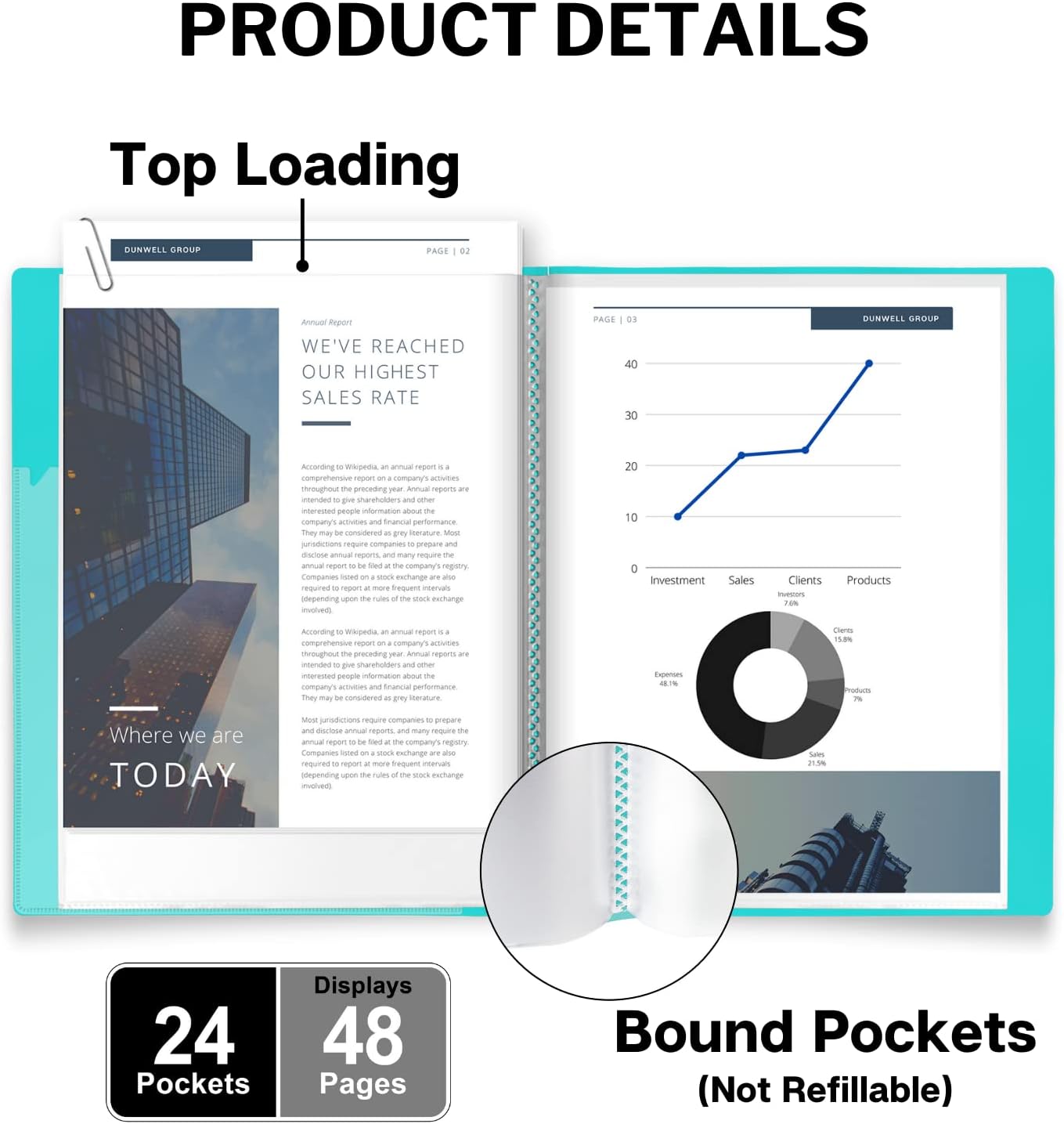 Dunwell 9x12 Binder with Plastic Sleeves - (Aqua), 24-Pocket Bound Presentation Book with Clear Sleeves, Art Portfolio 12x9 Sheet Protector Binder Displays 48 Pages of Certificates, Sheet Music, etc. : Office Products