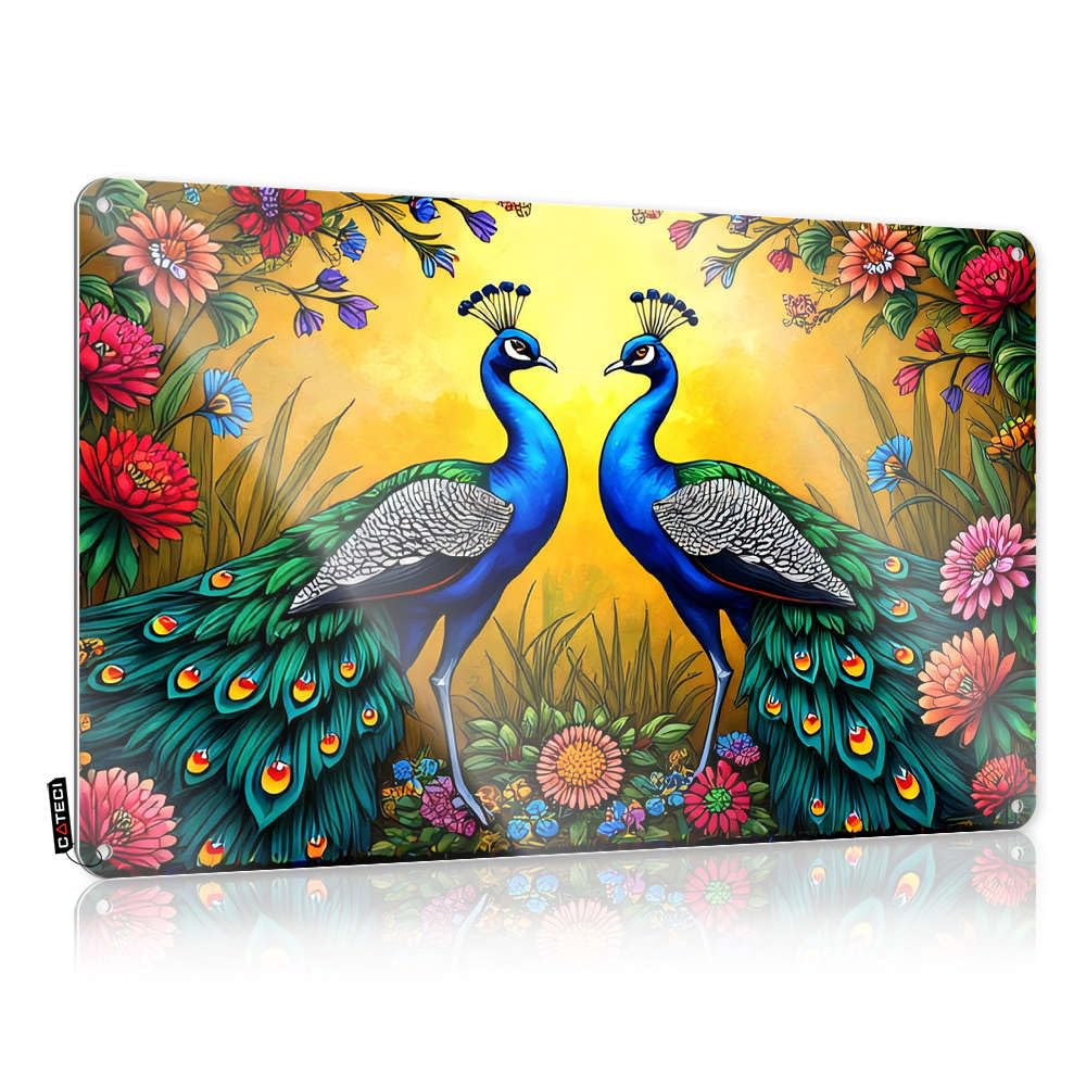 Fzfn Colour Bar Cart Decor Accessory Funny Wall Art | Two Peacocks With Vibrant Plumage Stand Amidst A Colorful Floral Garden Antique For Walls Living Room(30X40cm)