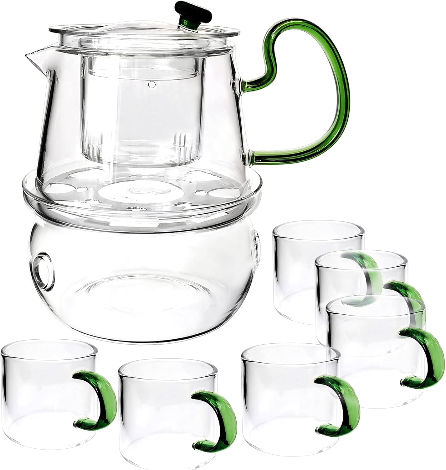 Glass Filtering Tea Maker Teapot with a Warmer and 6 Double-walled Tea Cups Set (Set, Simply Green Set)