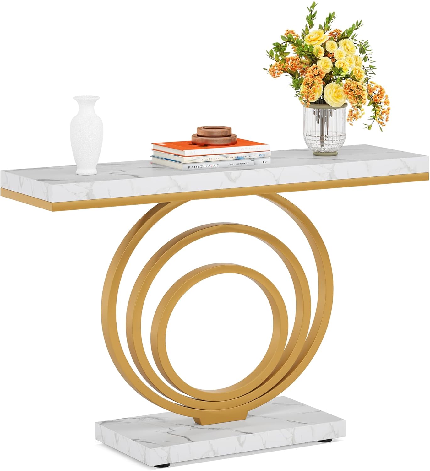 LITTLE TREE 41-Inch Modern Console Table, Gold Entryway Table for Living Room, Hallway, Entry, Gold + White