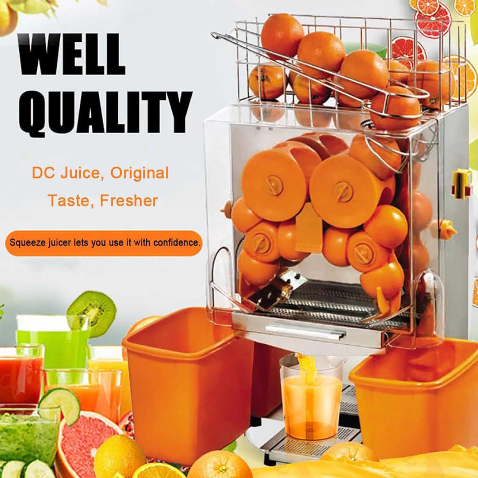 Exprimidor eléctrico de cítricos, máquina exprimidora de jugo de naranja comercial, pelar y jugo automático, 20-22 naranjas por minuto, 120 W, eficiente para tiendas, bares, restaurantes