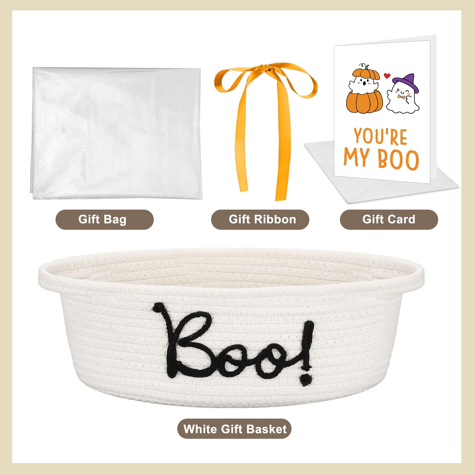 Reallnaive Halloween-Geschenkkorb-Set mit Griffen, inklusive gewebten Korb-Geschenktüten und Bändern, 1 Boo Dankeskarten mit weißem Umschlag für Halloween, Süßes oder Saures, Partyzubehör (Orange)