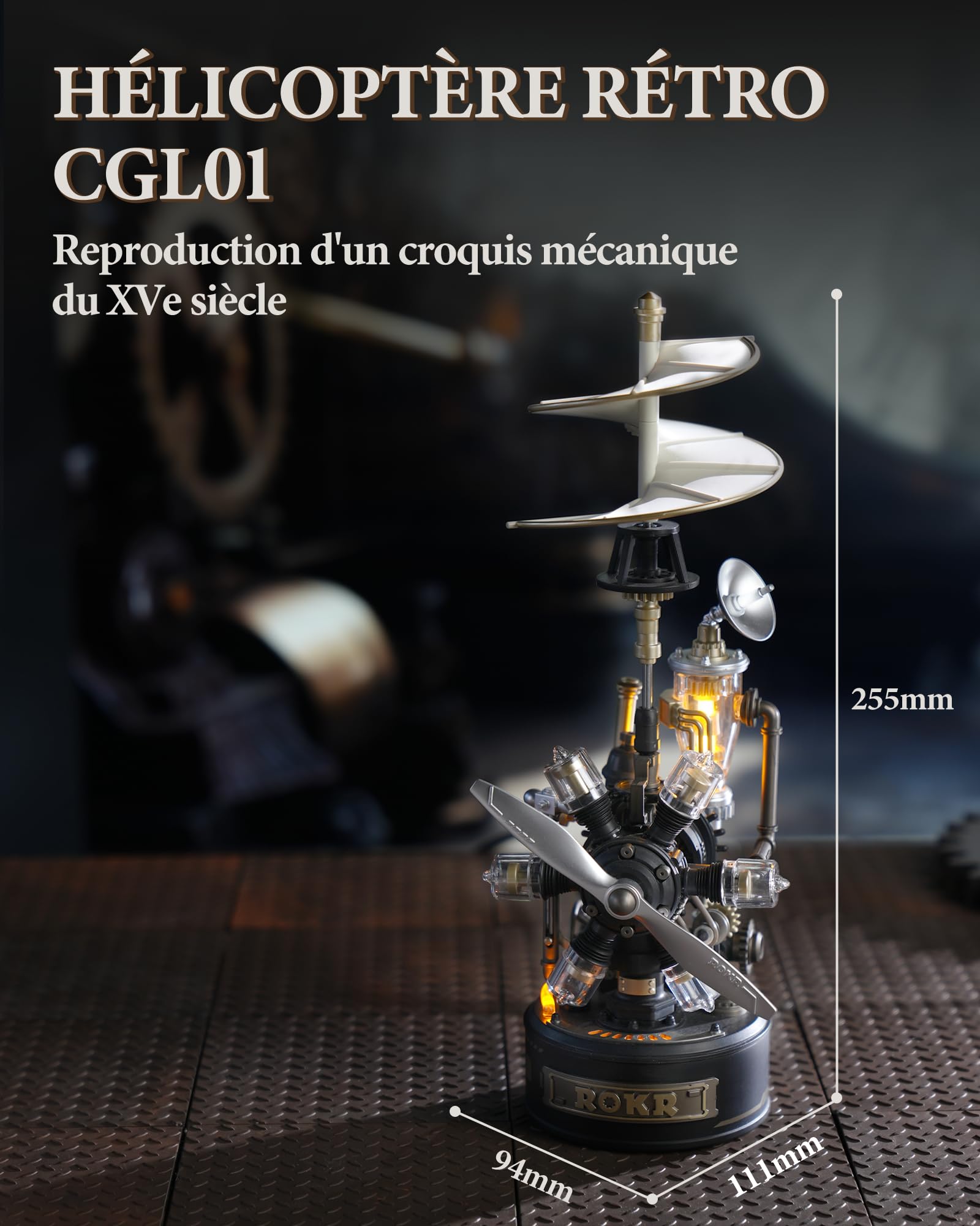 ROKR Puzzle 3D Hélicoptère Rotatif, Modèle de Montage Mécanique, Maquette en Plastique Métal a Construire Adulte, Cadeaux DIY à Thème Industriel (Rotating Helicopter)