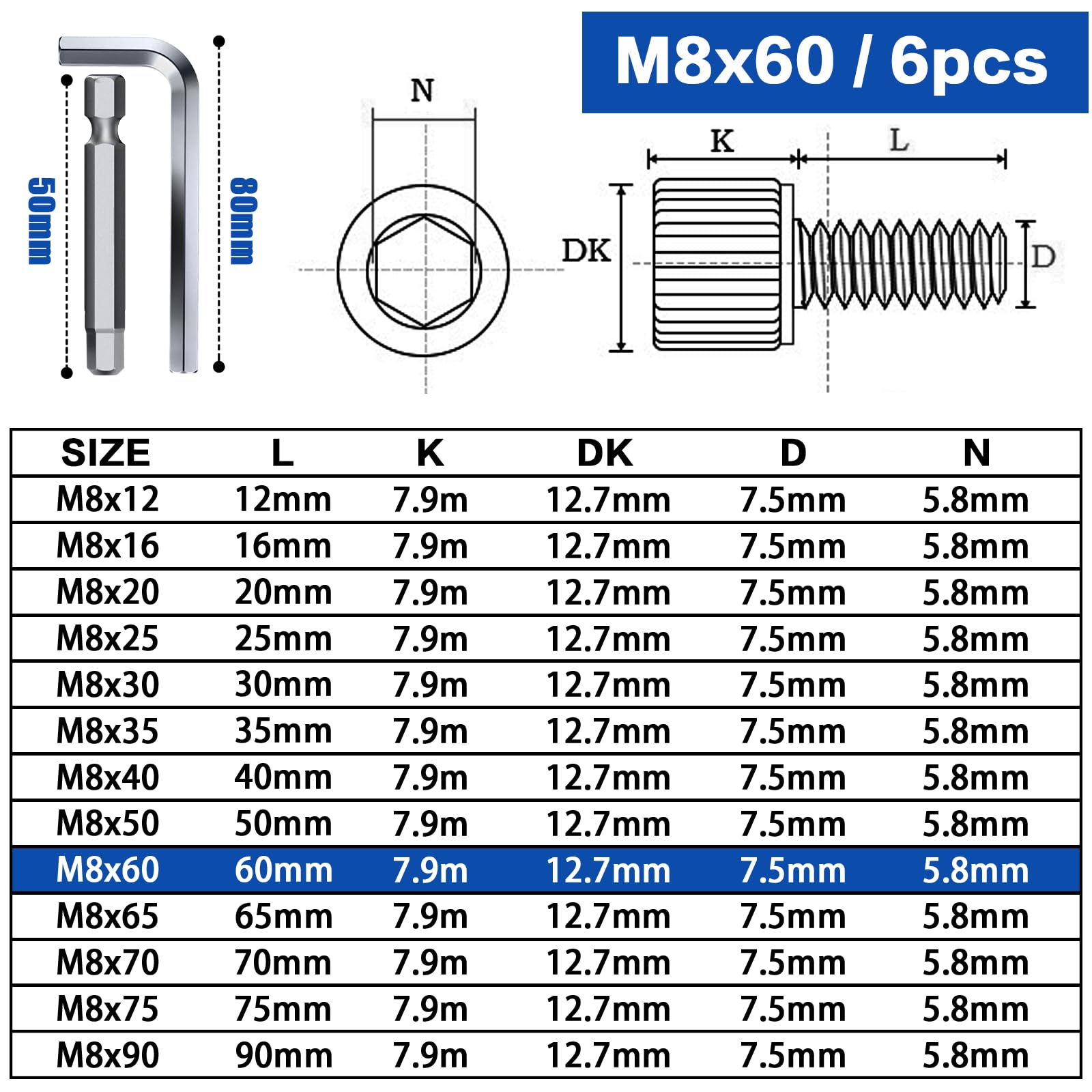 TXXATX M8 Screws Allen Socket Head Cap Screws M8x60 mm - Image 2