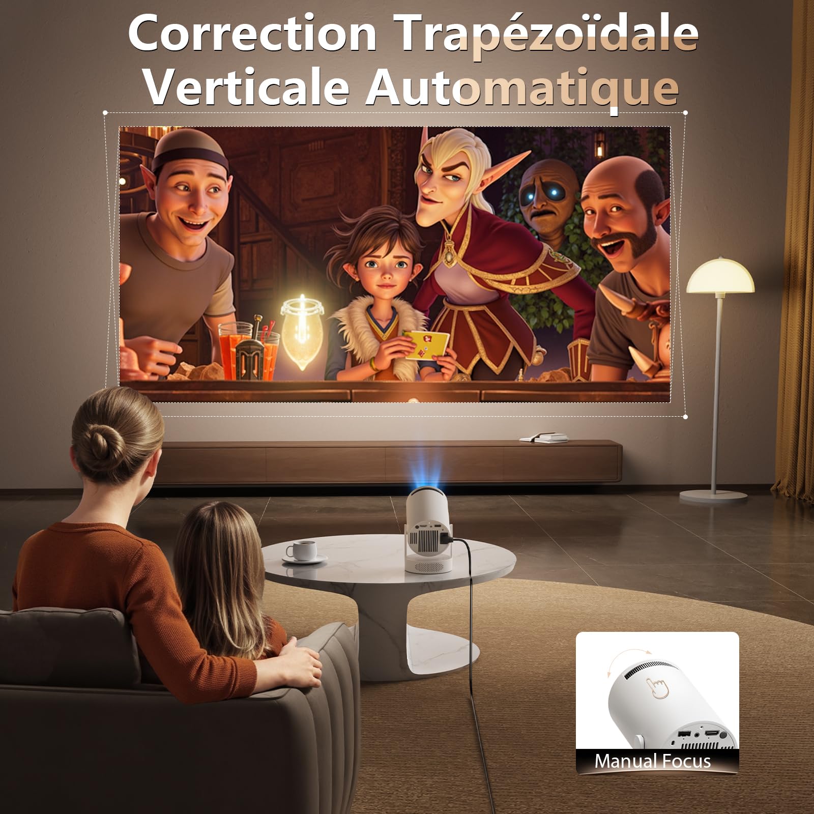 Mini Projecteur Intelligent, Projecteur Vidéo Hi-FI avec Prise en Charge de la 4K 1080P, 300 Lumens ANSI, WIFI6 et Bluetooth et Projecteur à Correction Automatique pour Cinéma à Domicile