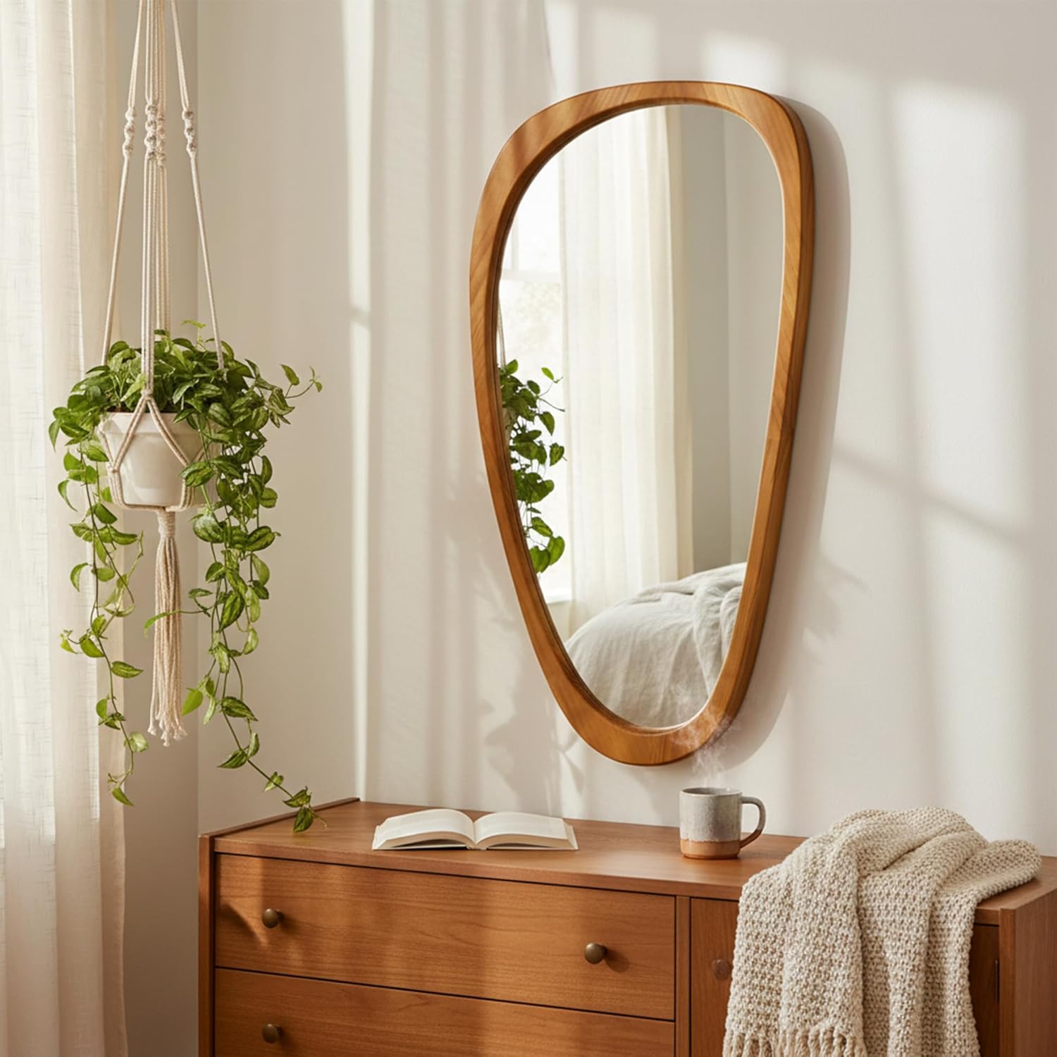 Solid Wood 48"x24" Large Aesthetic Wabi-Sabi Statement Mirror, Warm Walnut Full Length Irregular Mirror, Modern Organic Asymmetrical Wooden Wall-Mounted Mirror for Living Room, Honey Walnut