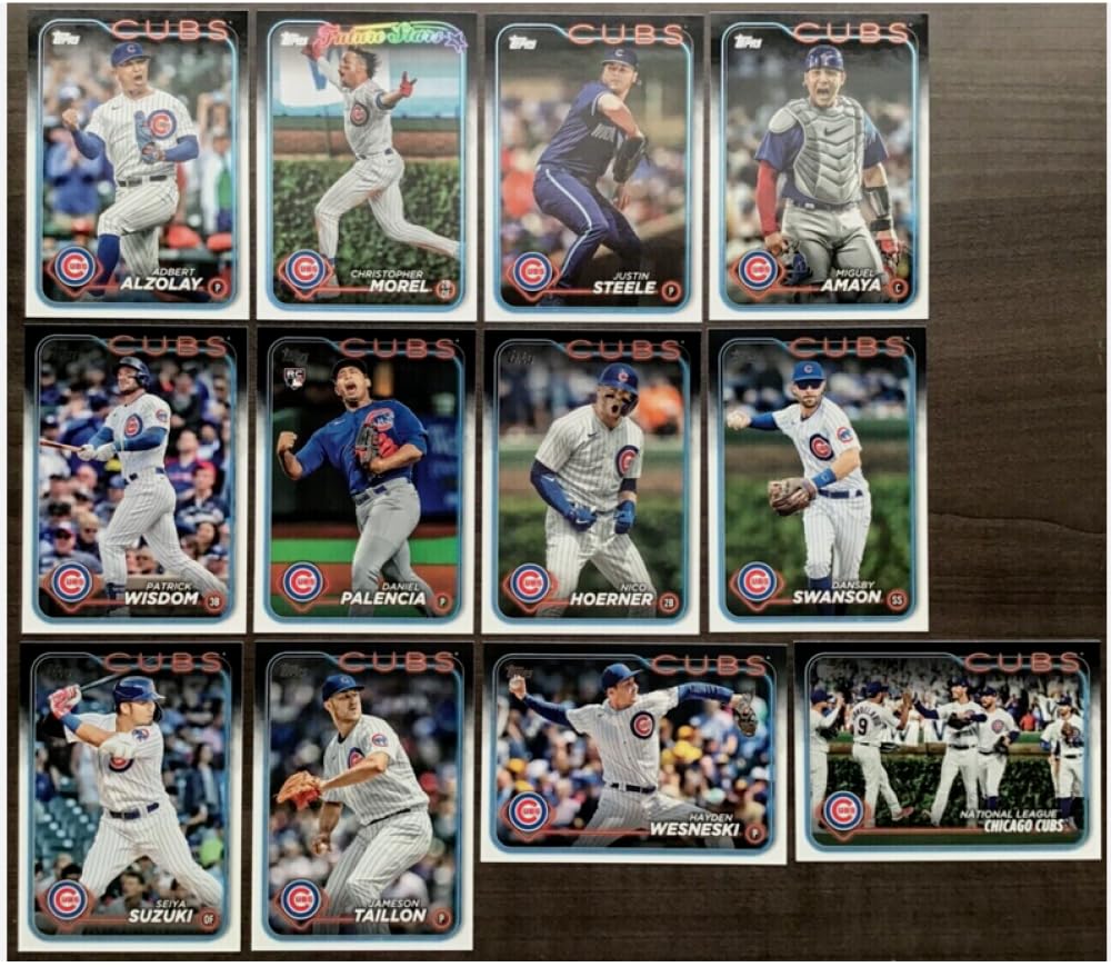 2024 Topps Series 1 Baseball Chicago Cubs Base MLB Hand Collated Team Set in Near Mint to Mint Condition of 12 Cards: #128 Christopher Morel #129 Adbert Alzolay #151 Seiya Suzuki #164 Dansby Swanson #165 Chicago Cubs #178 Daniel Palencia #182 Jameson Taillon #204 Nico Hoerner #318 Justin Steele #319 Miguel Amaya #328 Patrick Wisdom #337 Hayden Wesneski Straight from Box and Pack to Team Bag