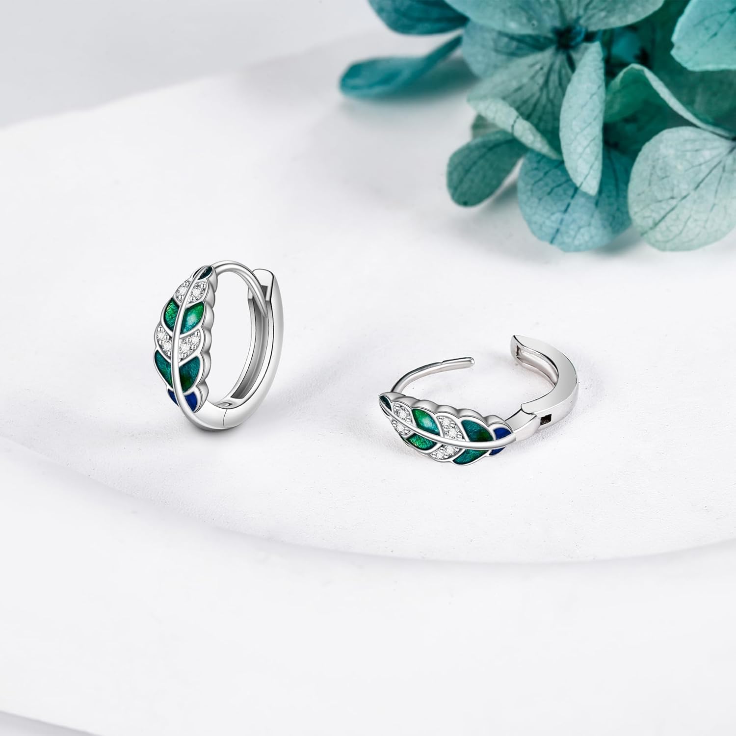 VONALA Green Leaf Earrings 925 Sterling Silver Small Hoop Earrings for Women CZ Green Enamel Earrings 15mm Hoop Leaf Jewelry