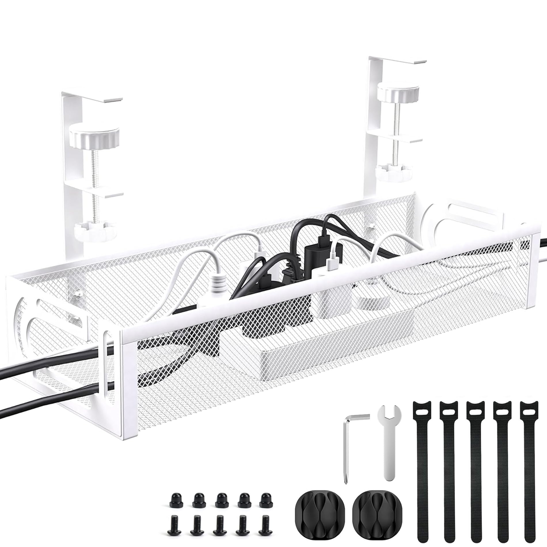 Under Desk Cable Management Tray, Metal Cable Management,No-Drill Mesh Wire Organiser with Clamp, Wire Holder Side Opening Design, Cable Tidy Basket, for Office and Home-White