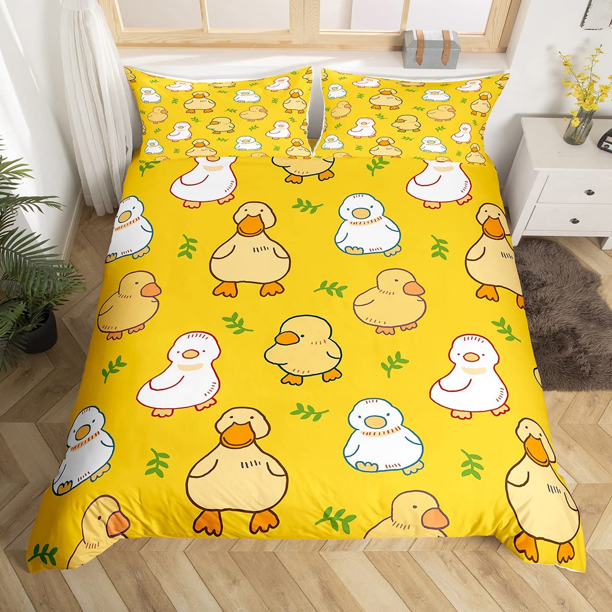 Homewish Cartoon Duck Duvet Cover for Kids Boys Girls,Lovely Yellow Duck Comforter Cover Set,Cute Hand Drawn Goose Bedding Sets King,Lovely Farmhouse Animal Quilt Comforter with 2 Pillowcase
